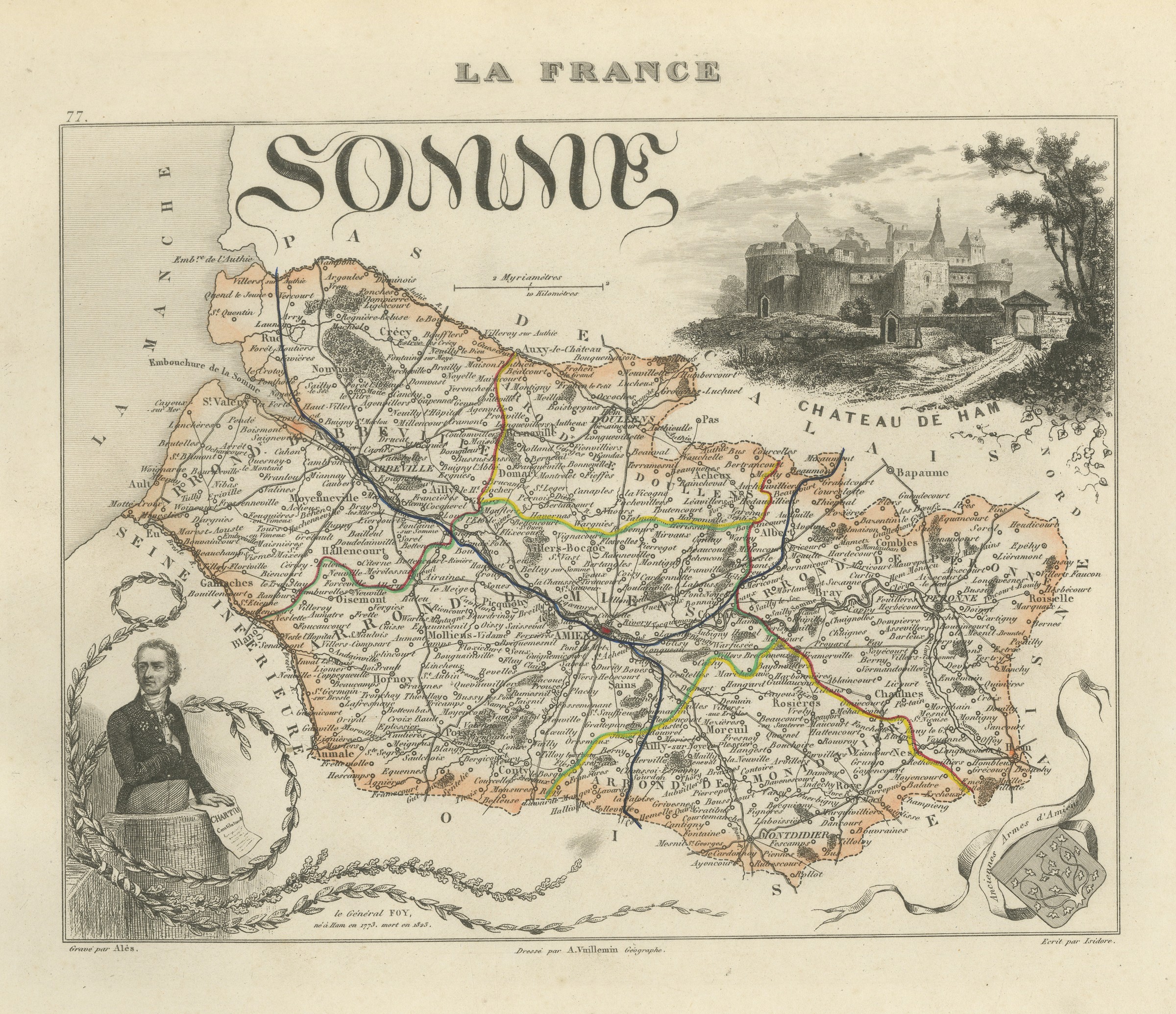 Antique Map of the Somme, Amiens and Abbeville, Vuillemin, circa 1860
