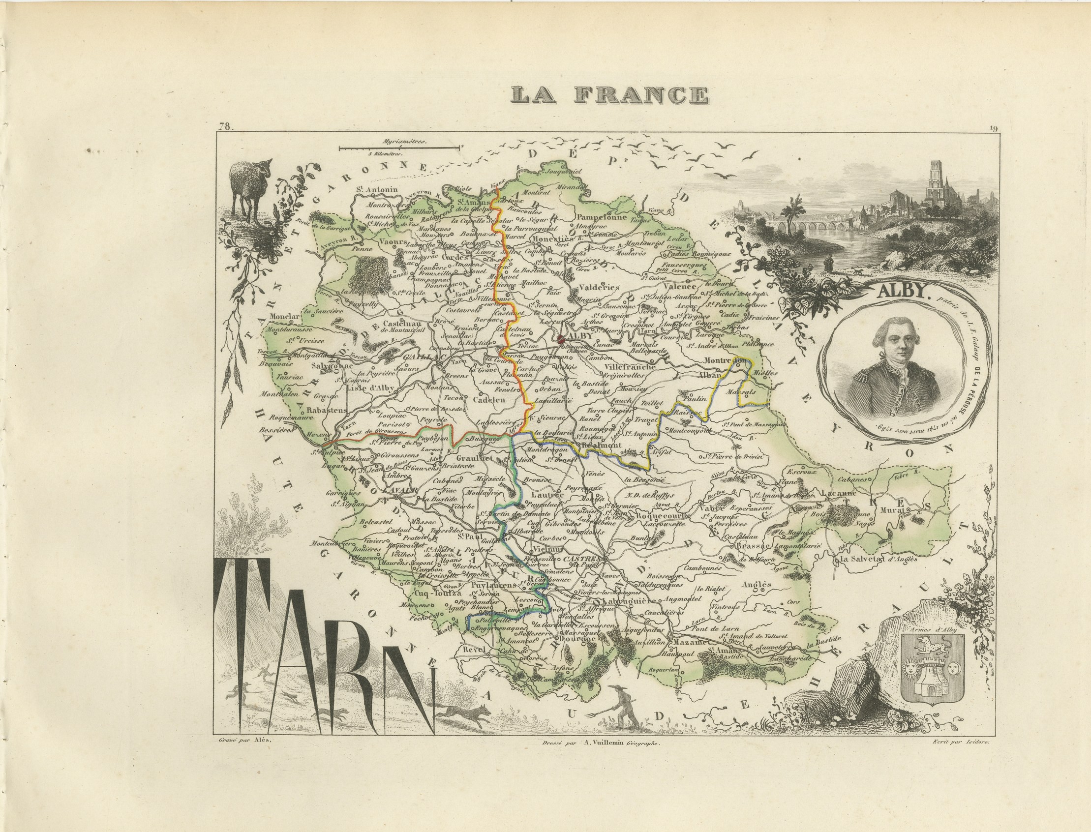 Antique Map of the Tarn, Albi and the Navigator La Perouse, circa 1860