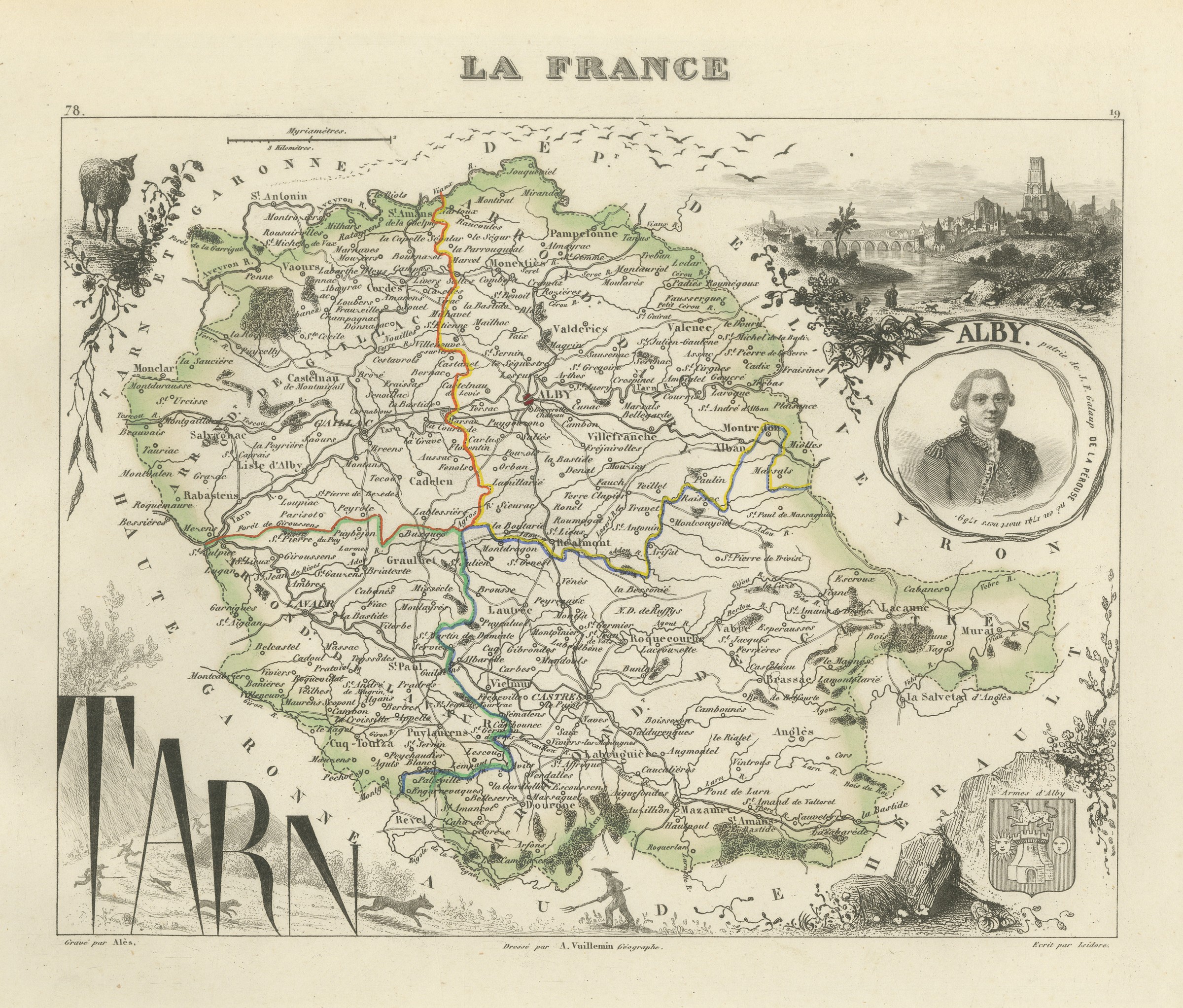 Antique Map of the Tarn, Albi and the Navigator La Perouse, circa 1860