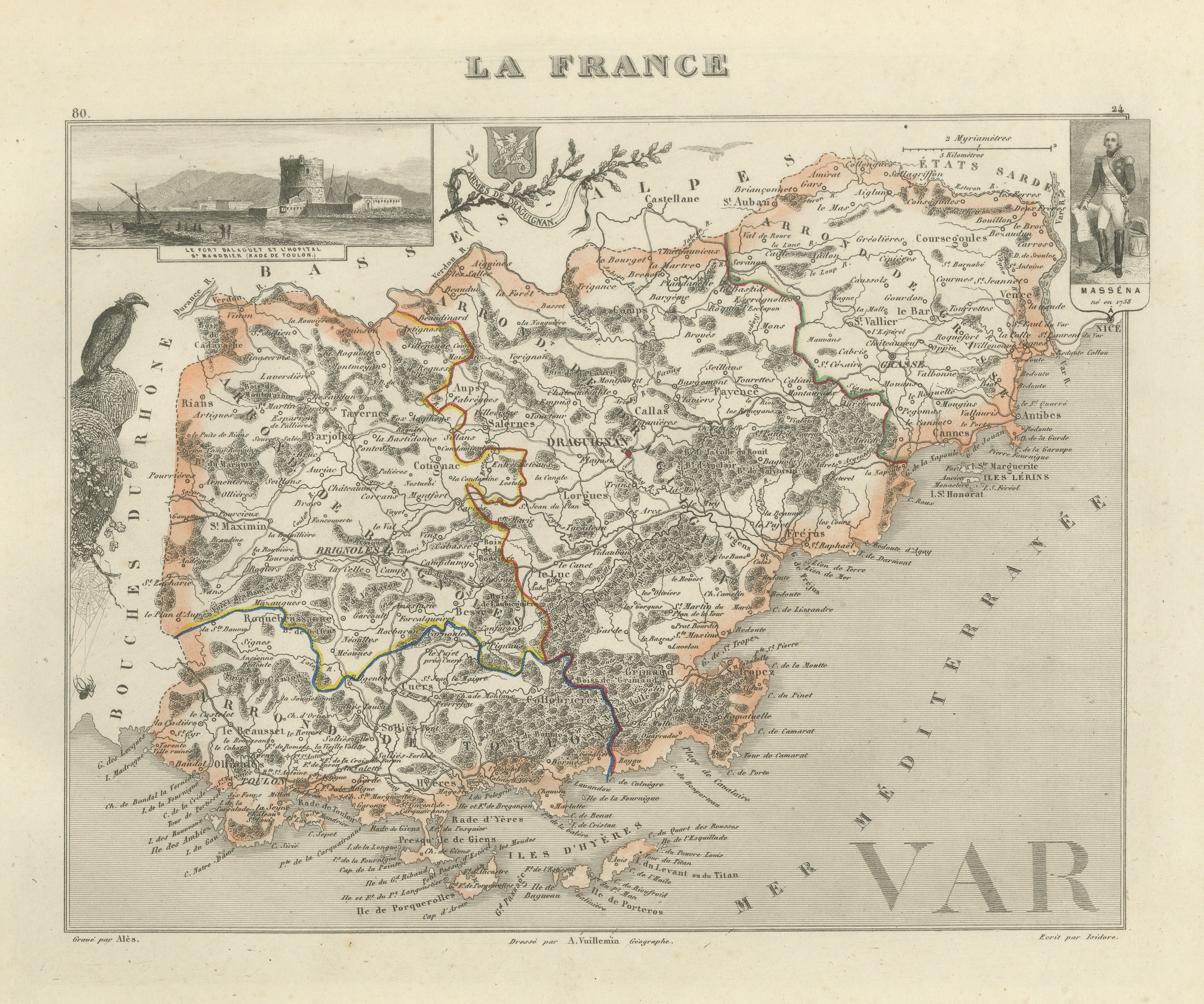 Antique Map of the Var, Draguignan, Before Nice Was French, circa 1860
