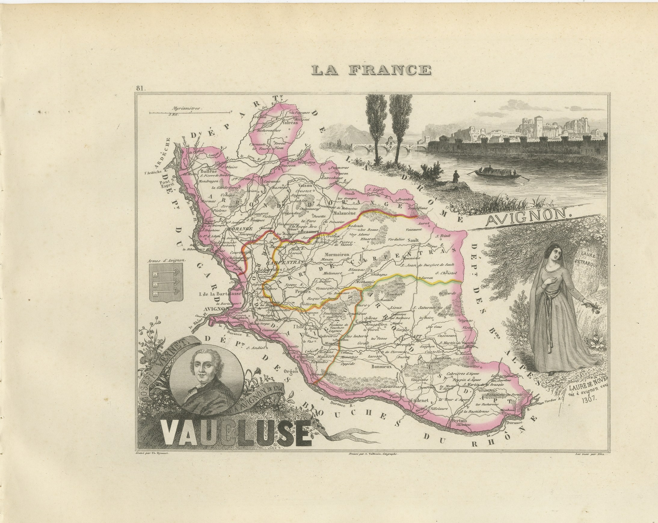 Antique Map of the Vaucluse, Avignon and Petrarch's Laura, circa 1860