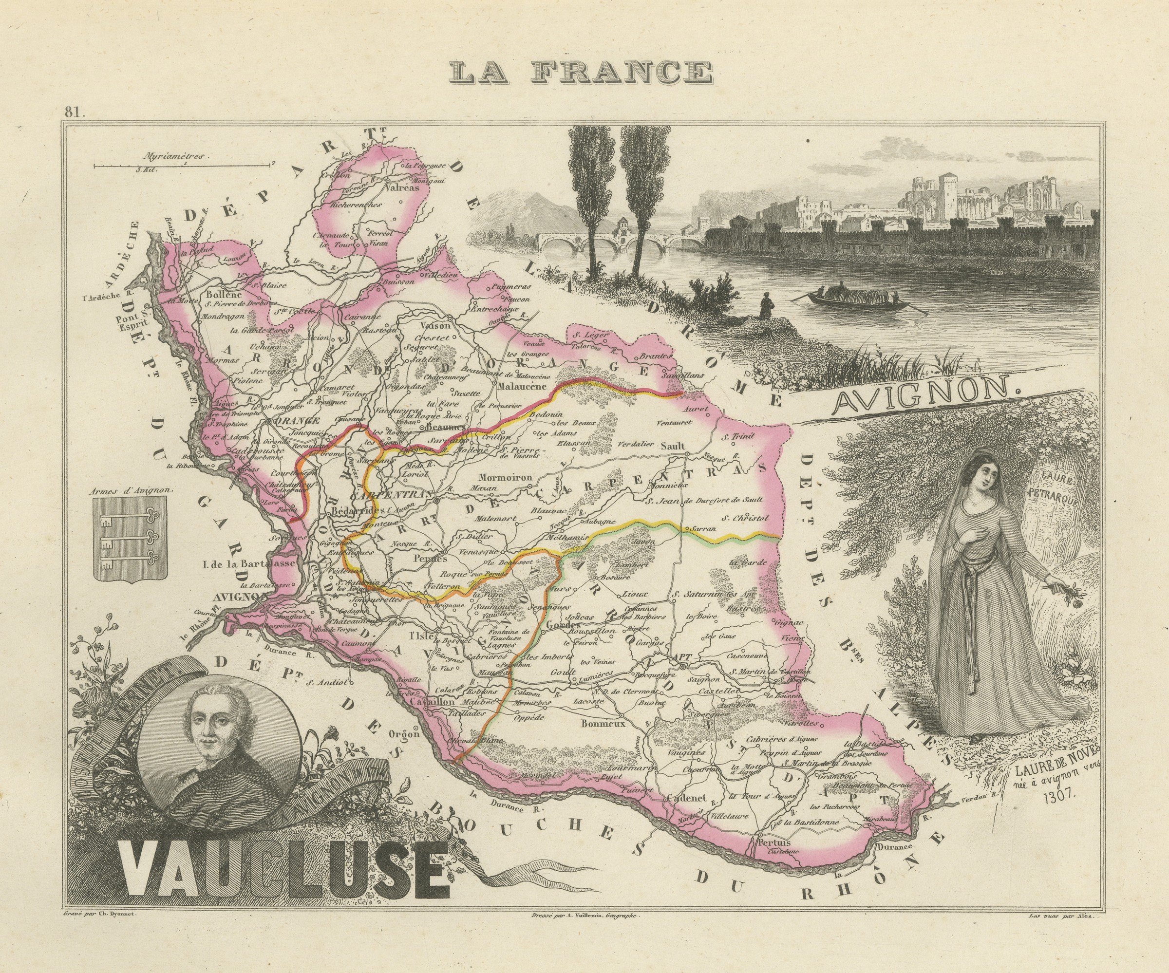 Antique Map of the Vaucluse, Avignon and Petrarch's Laura, circa 1860