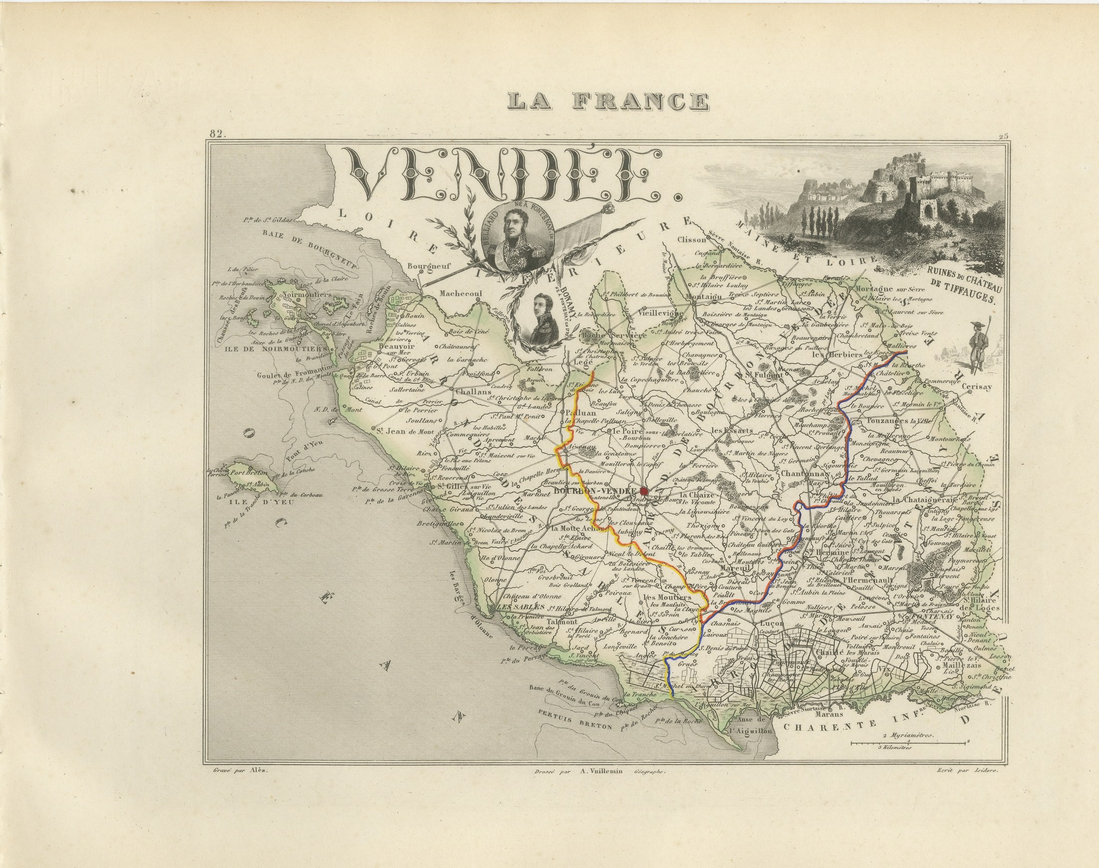 Antique Map of the Vendee, Noirmoutier and the Ruins of Tiffauges, circa 1860