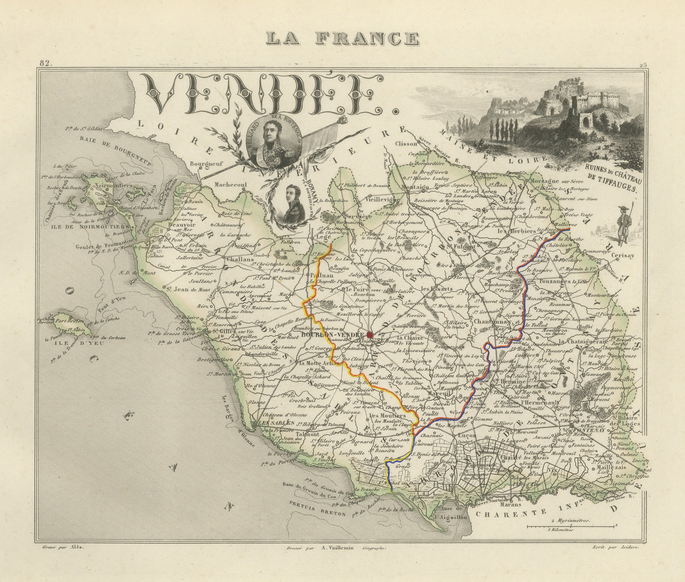 Antique Map of the Vendee, Noirmoutier and the Ruins of Tiffauges, circa 1860