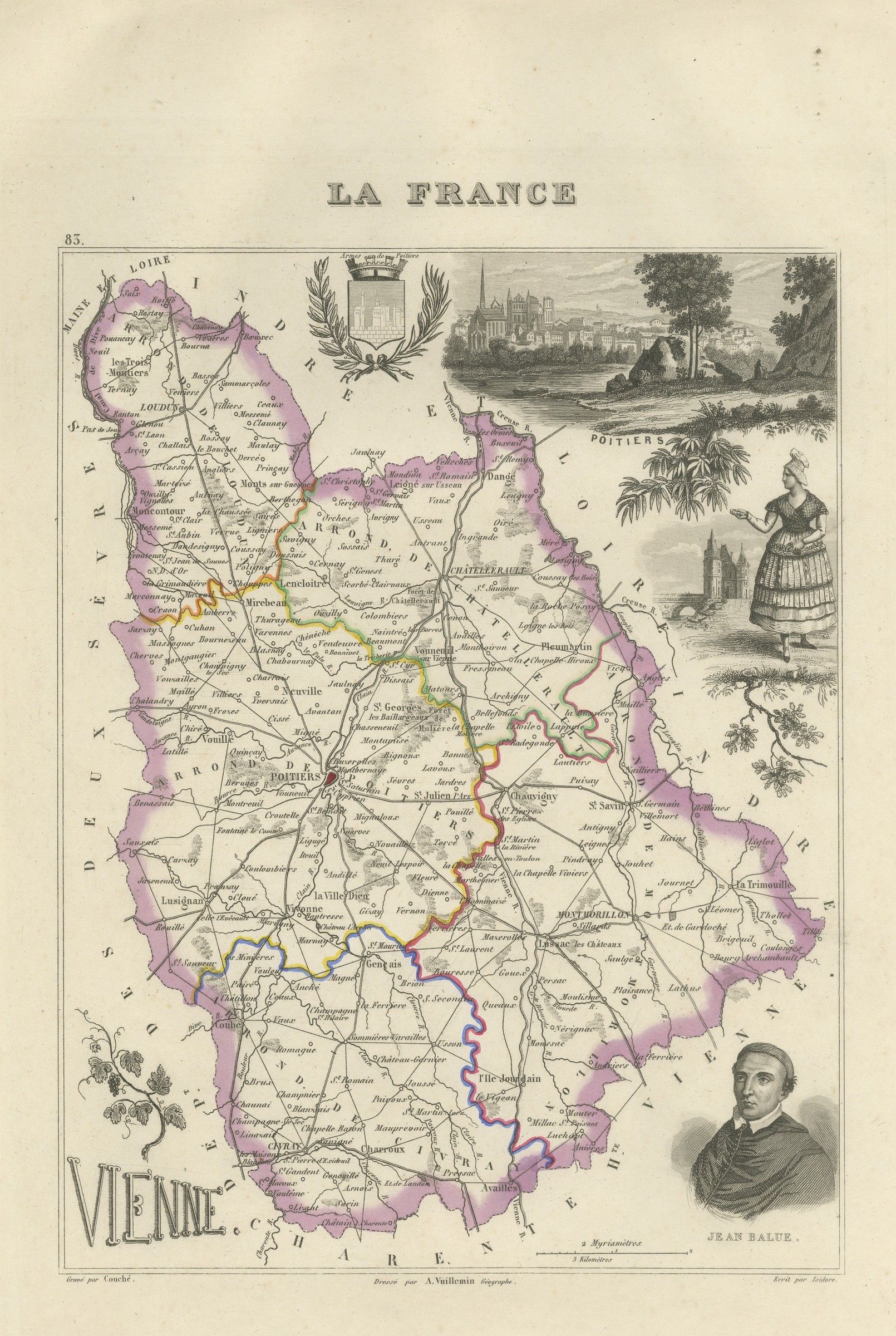 Antique Map of the Vienne, Poitiers and Cardinal Jean Balue, circa 1860