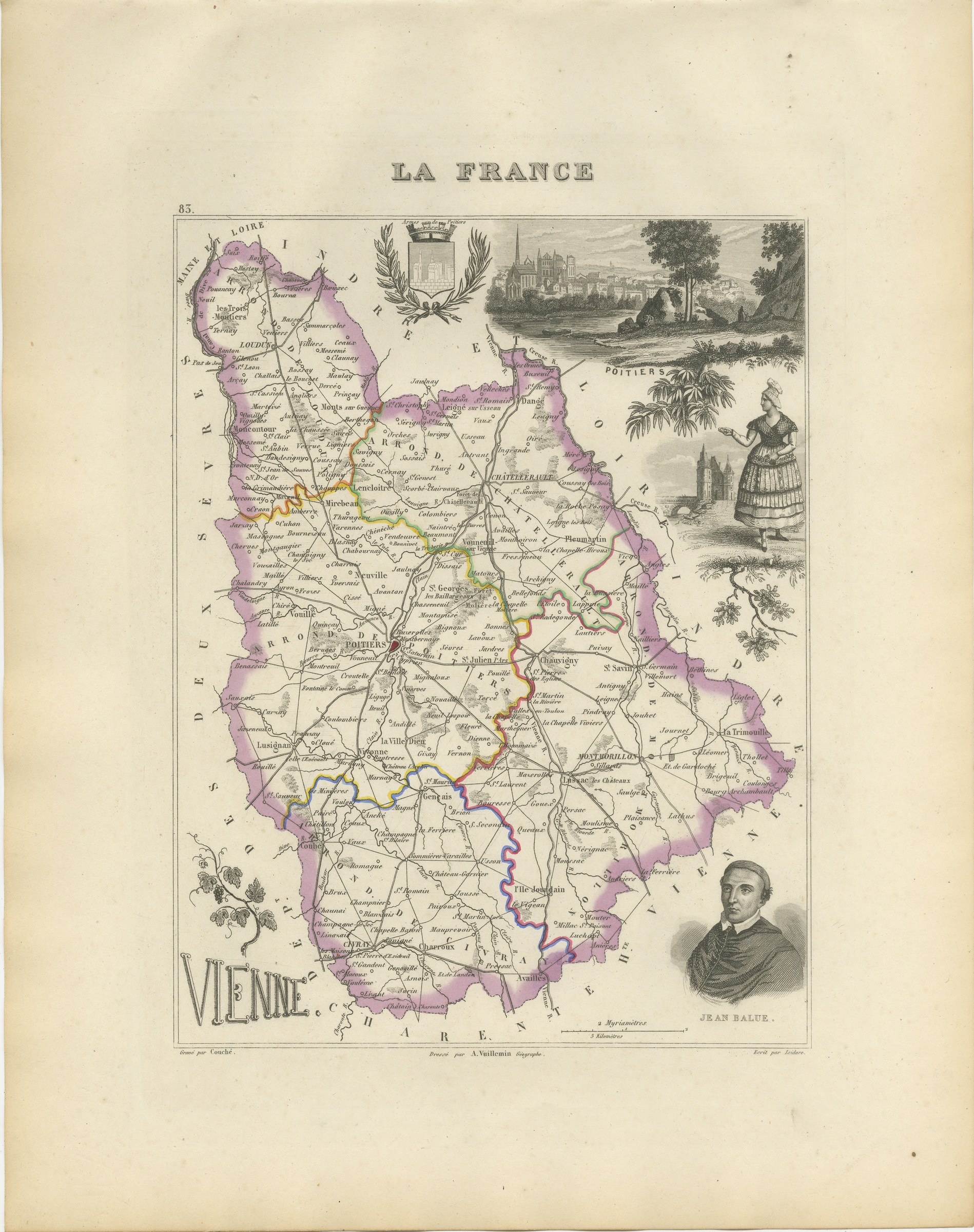Antique Map of the Vienne, Poitiers and Cardinal Jean Balue, circa 1860