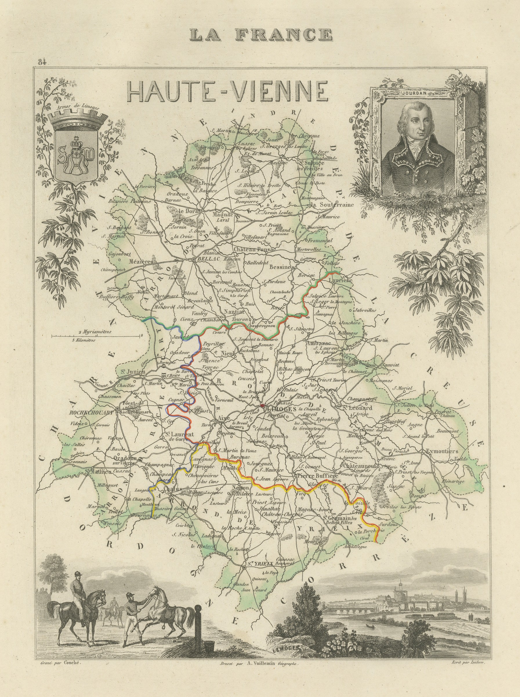Antique Map of the Haute-Vienne, Limoges and Marshal Jourdan, circa 1860