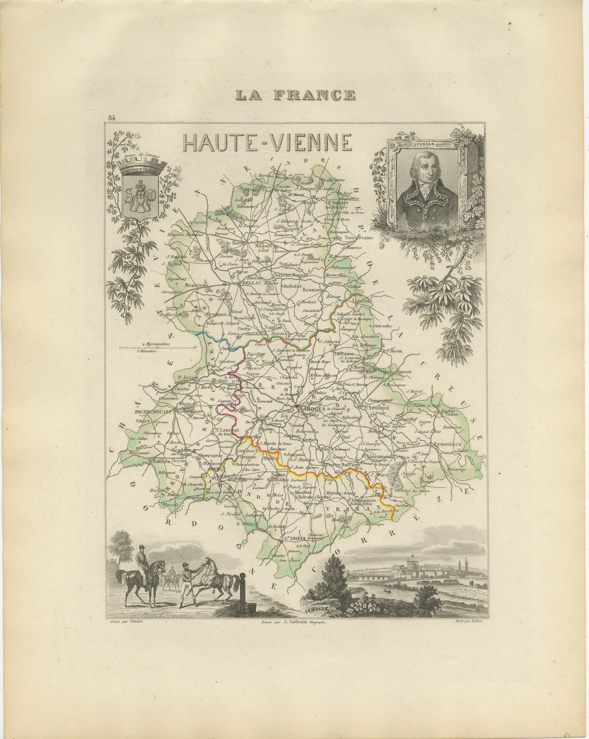 Antique Map of the Haute-Vienne, Limoges and Marshal Jourdan, circa 1860
