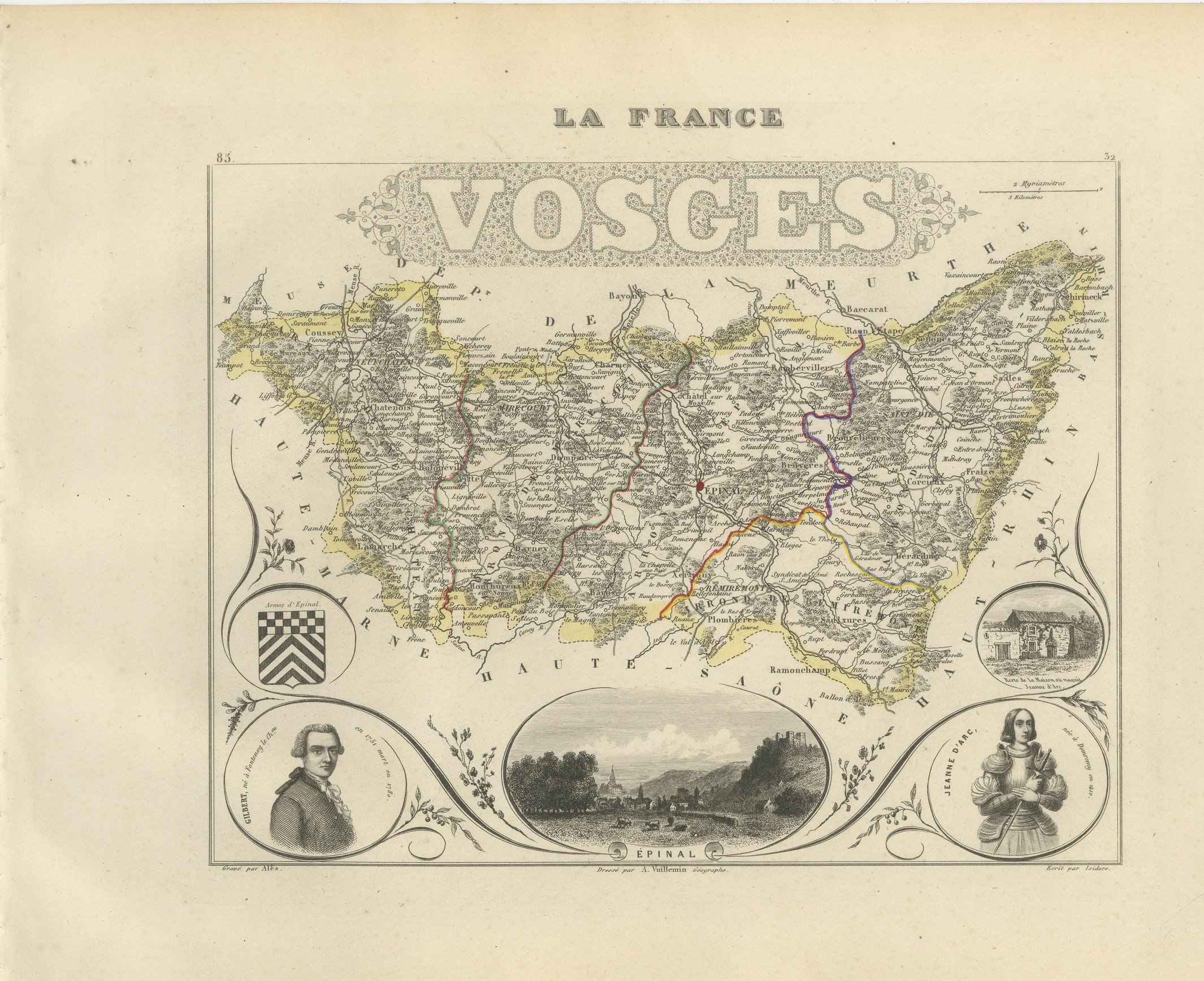 Antique Map of the Vosges, Epinal and Saint-Die, Vuillemin, circa 1860
