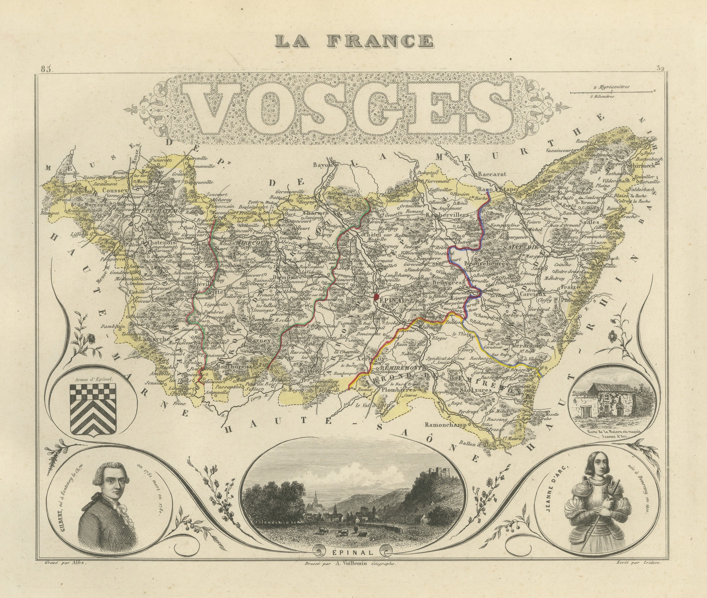 Antique Map of the Vosges, Epinal and Saint-Die, Vuillemin, circa 1860