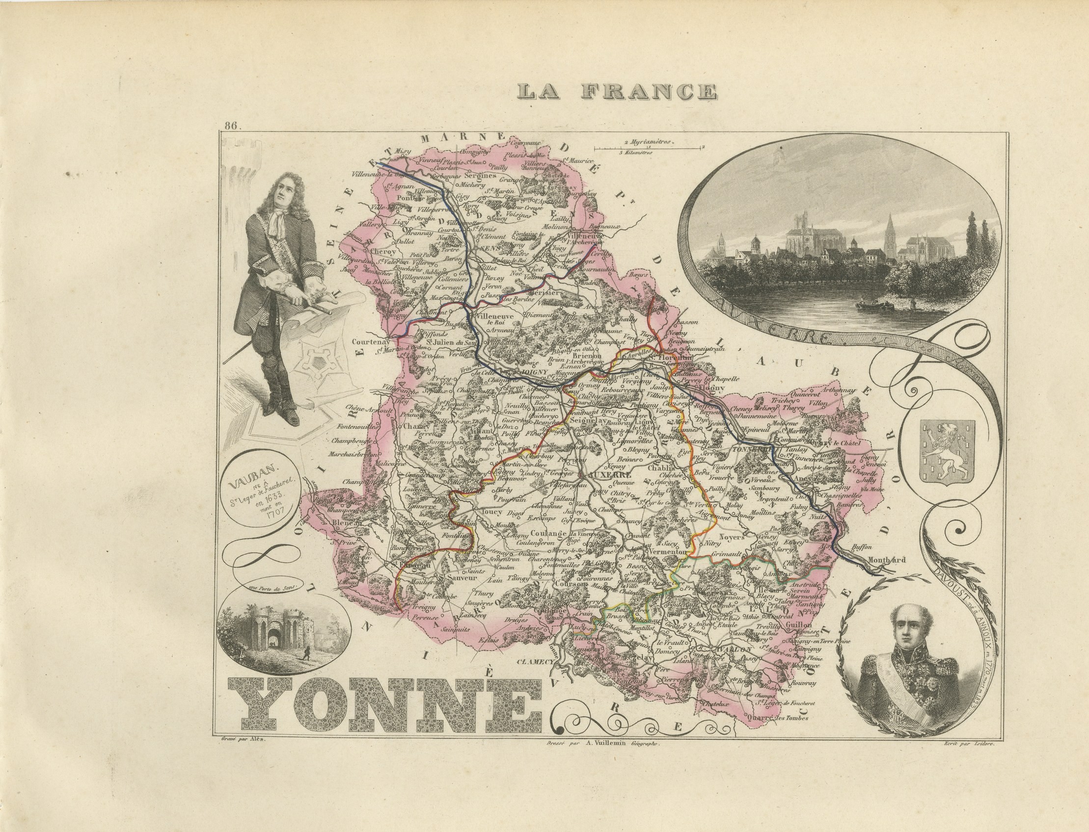Antique Map of the Yonne, Auxerre, Vauban and Marshal Davout, circa 1860