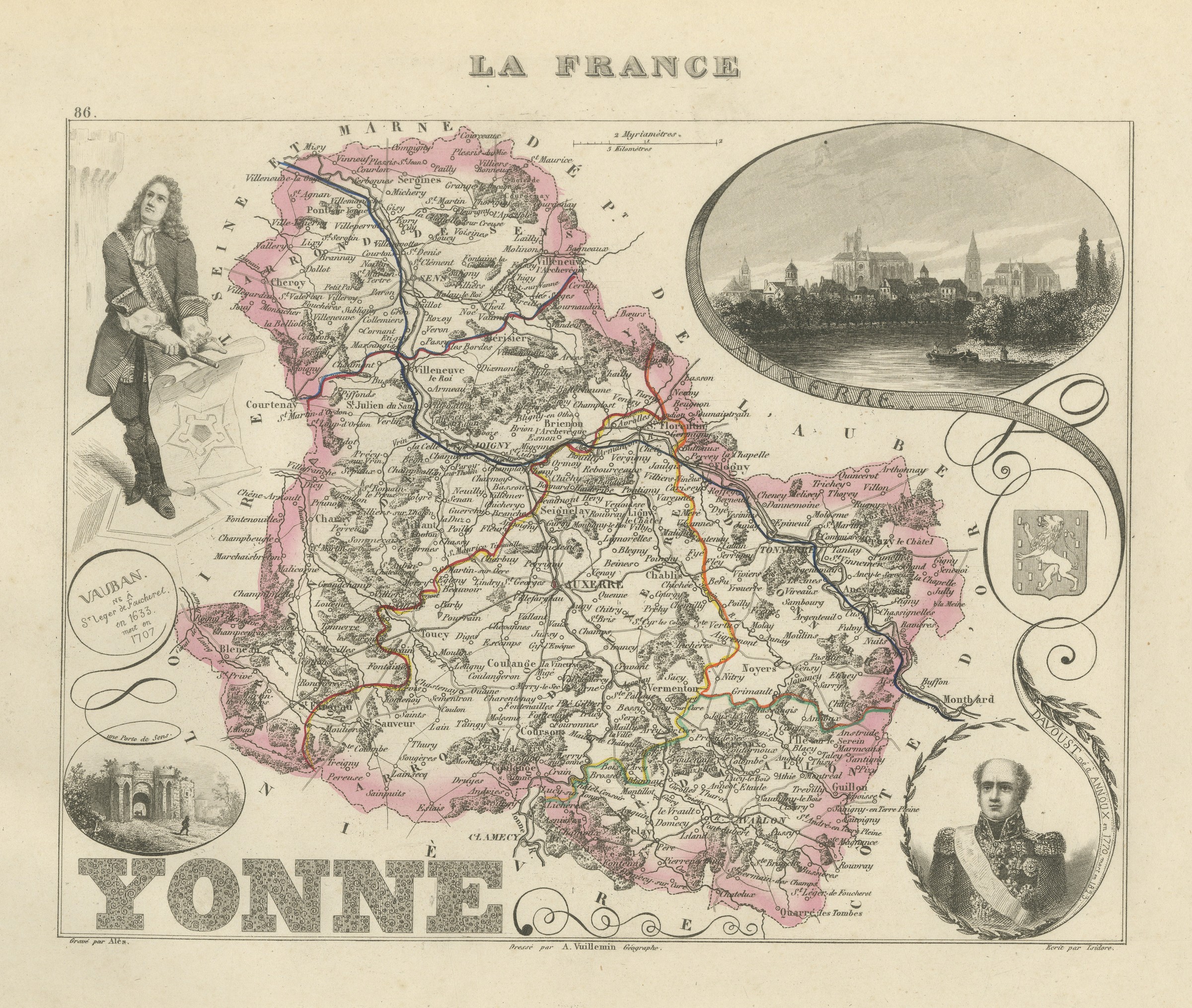 Antique Map of the Yonne, Auxerre, Vauban and Marshal Davout, circa 1860