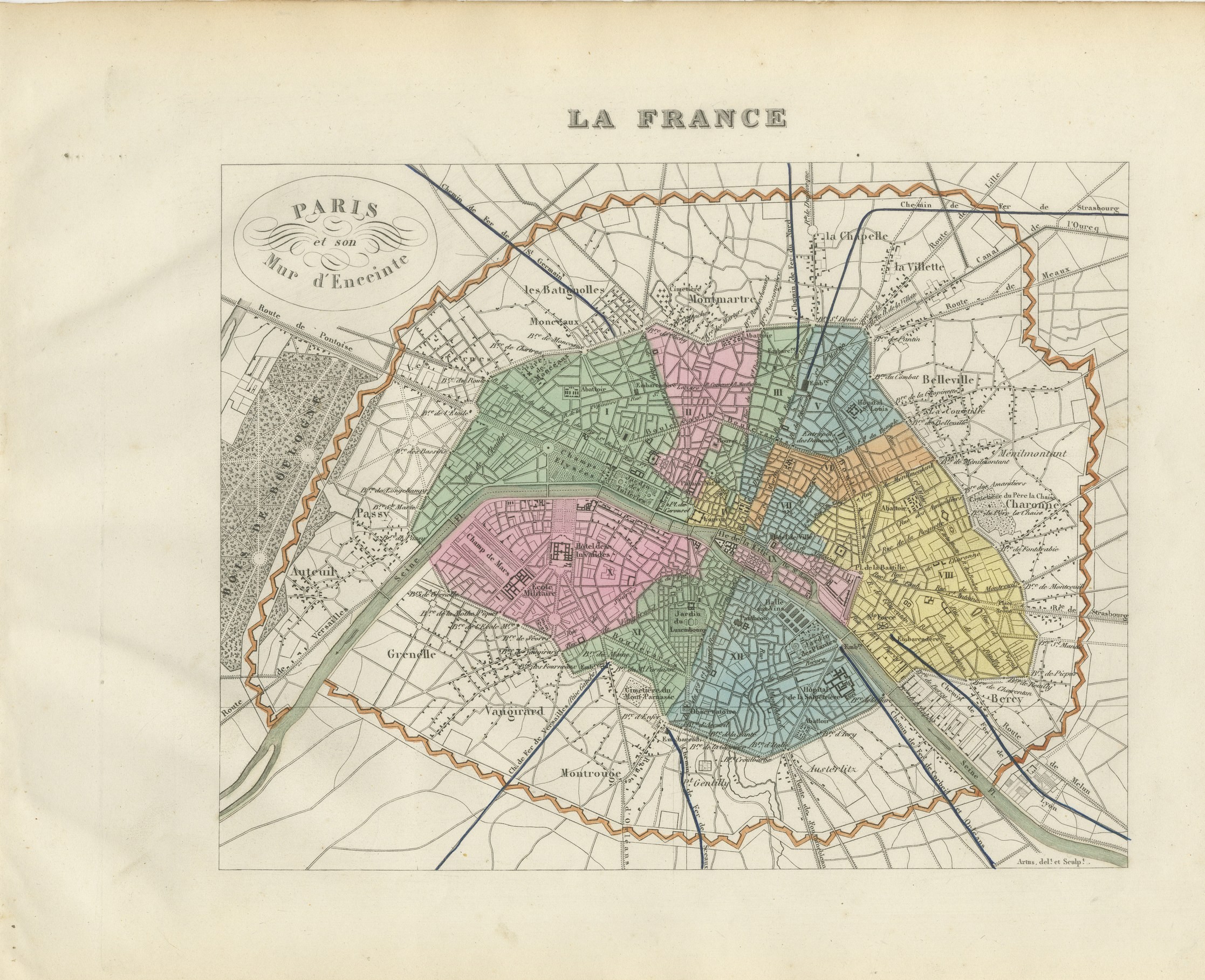 Antique Plan of Paris and its Fortified Enceinte, Vuillemin, circa 1860