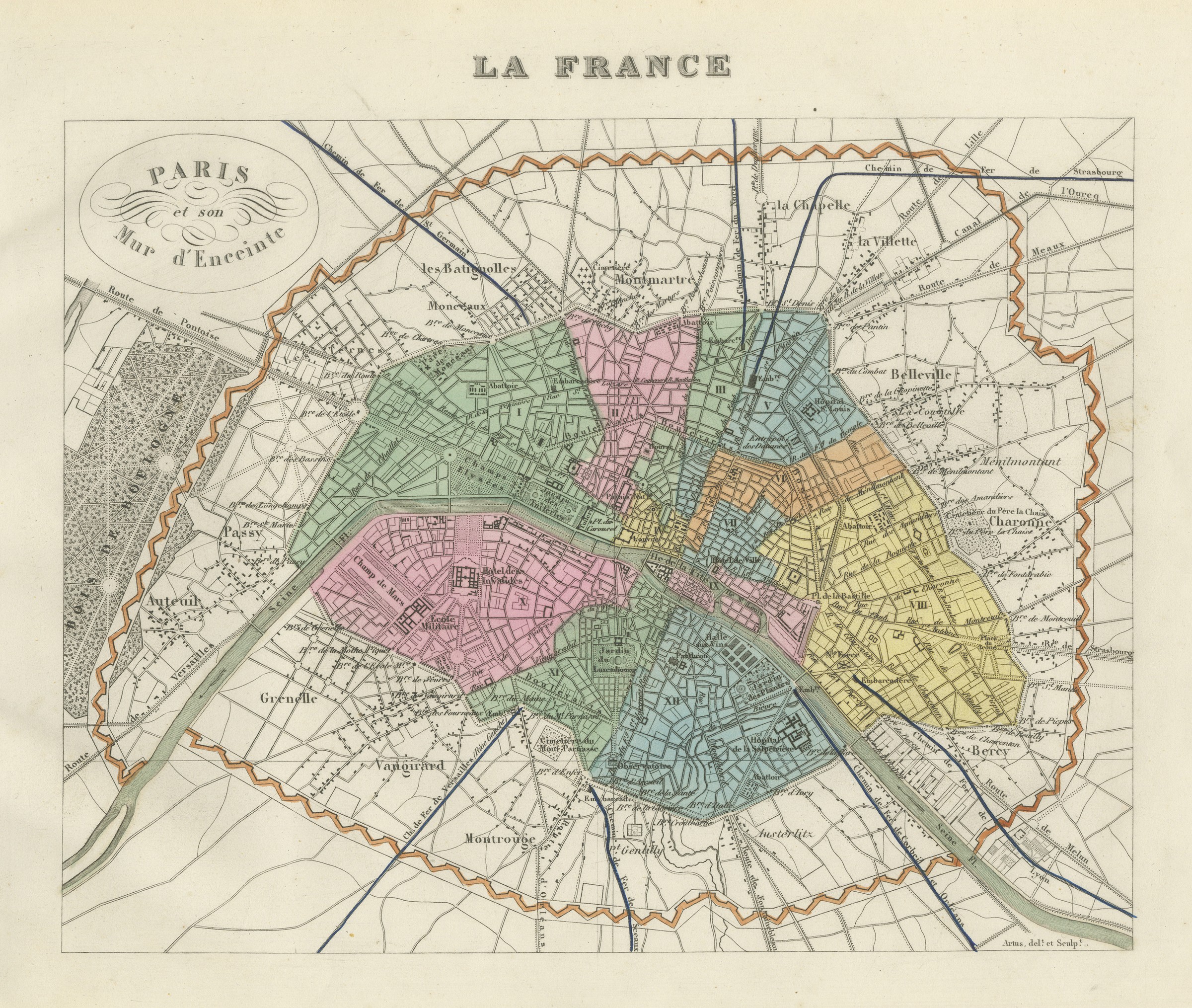 Antique Plan of Paris and its Fortified Enceinte, Vuillemin, circa 1860