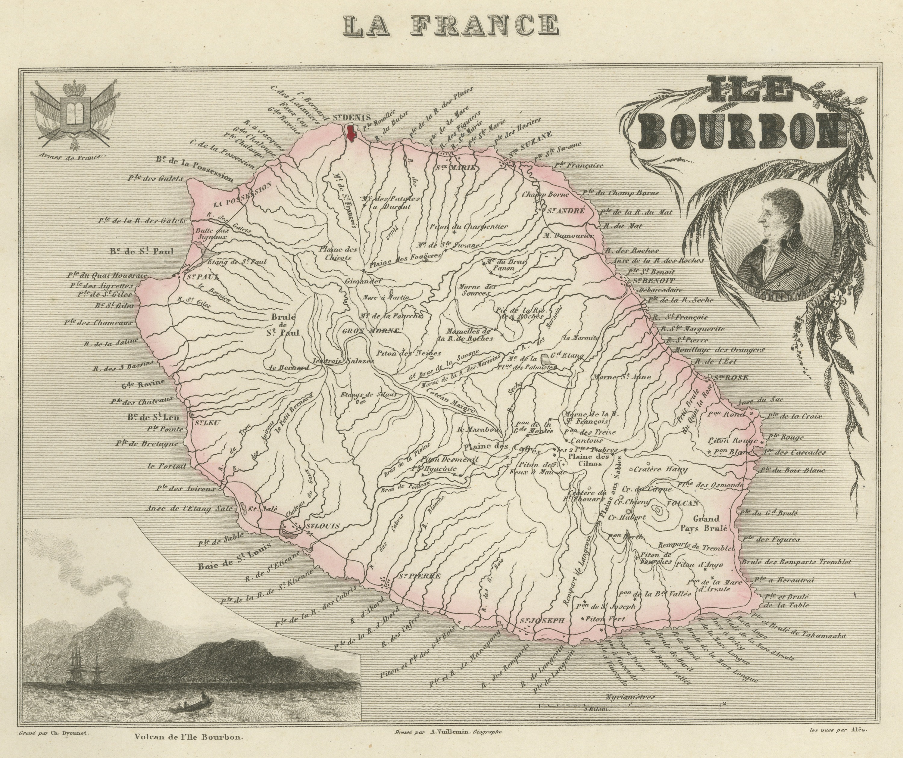 Antique Map of Bourbon, Reunion, with the Island Volcano, circa 1860