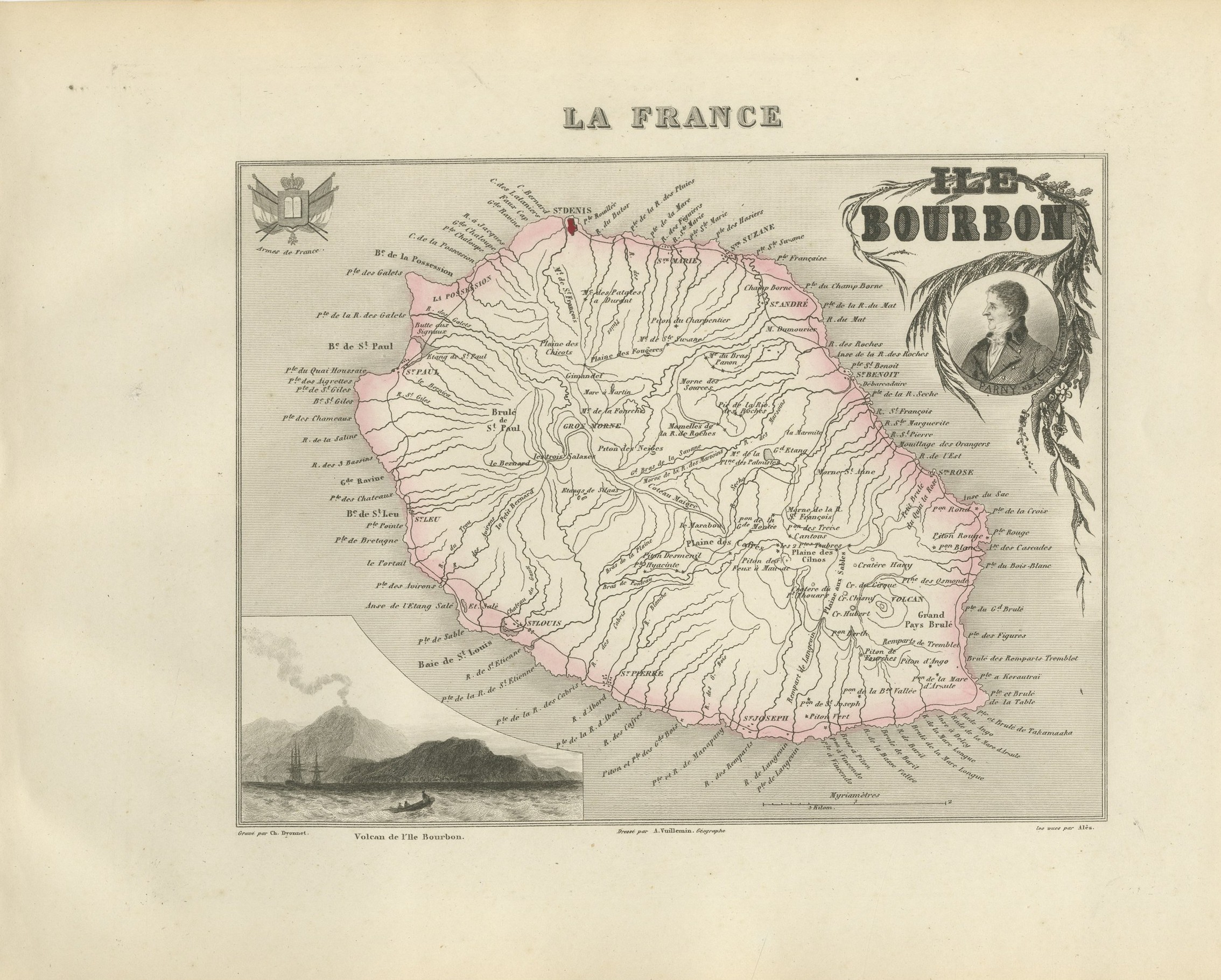 Antique Map of Bourbon, Reunion, with the Island Volcano, circa 1860