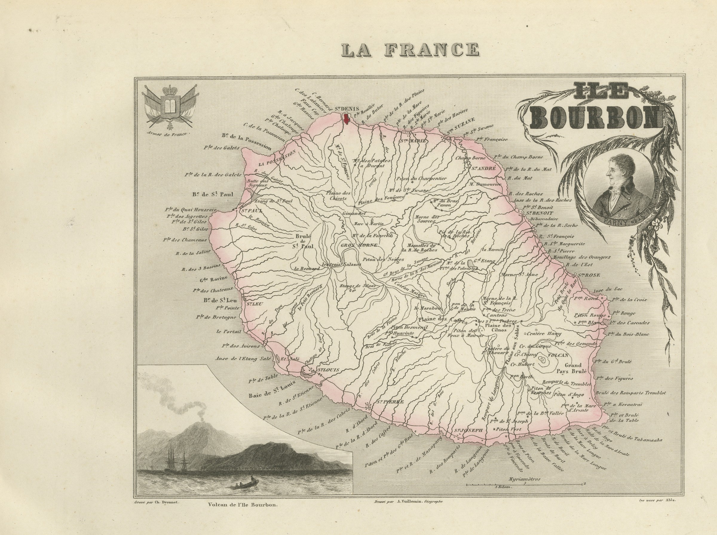 Antique Map of Bourbon, Reunion, with the Island Volcano, circa 1860