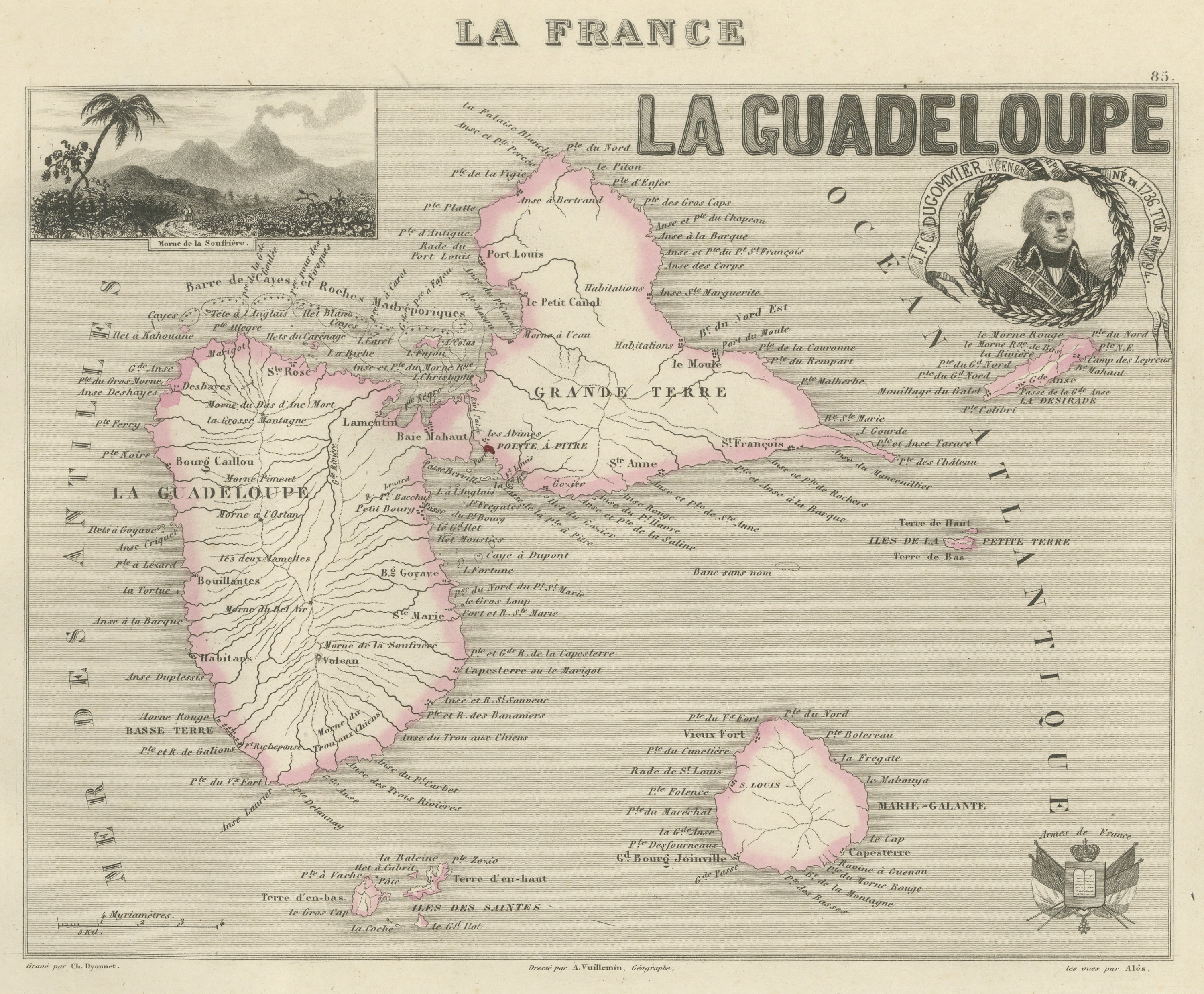 Antique Map of Guadeloupe, Marie-Galante and the Saintes, circa 1860