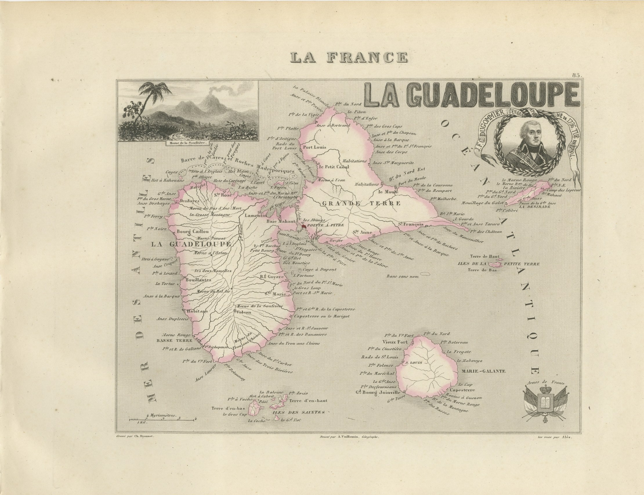 Antique Map of Guadeloupe, Marie-Galante and the Saintes, circa 1860