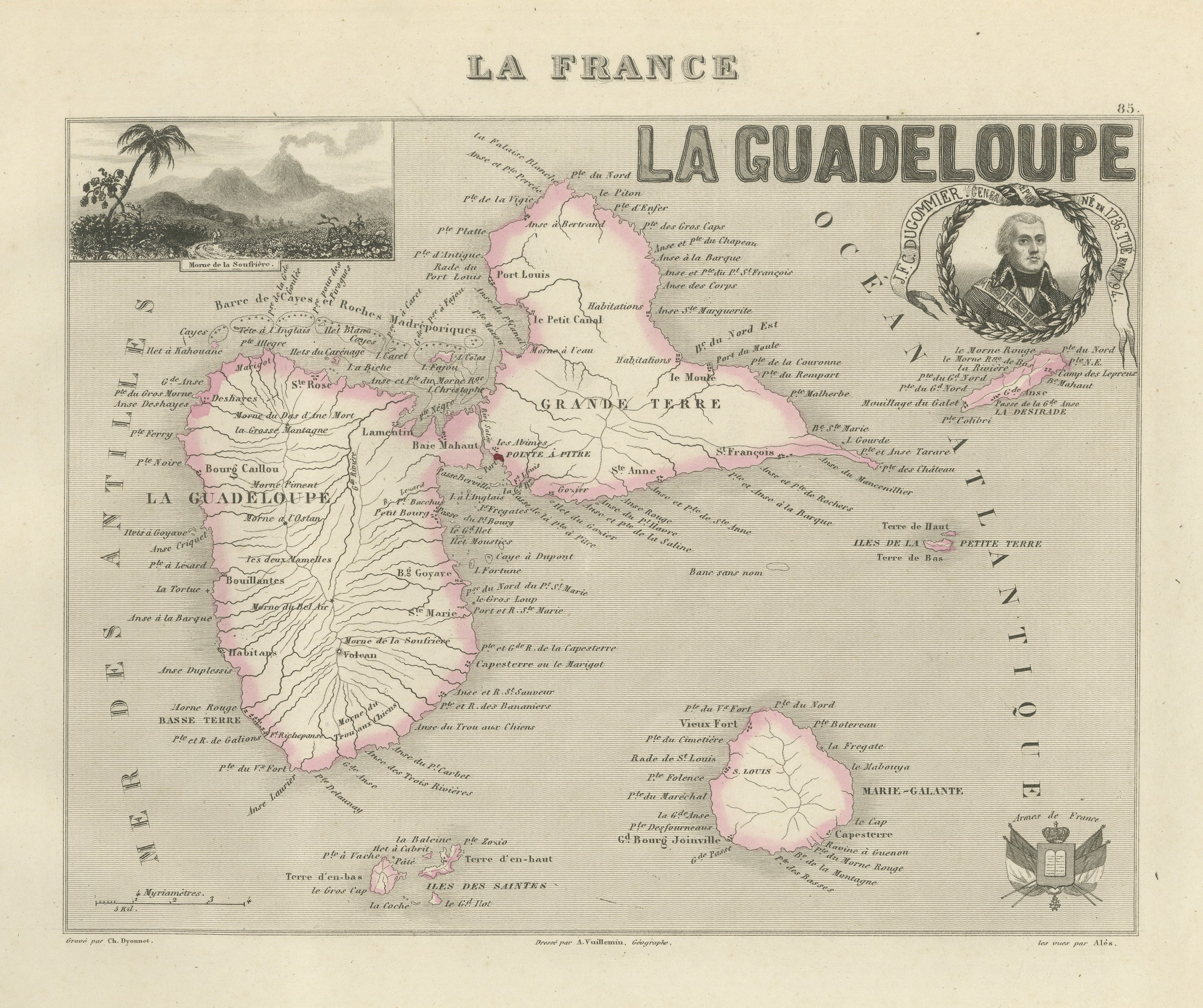 Antique Map of Guadeloupe, Marie-Galante and the Saintes, circa 1860