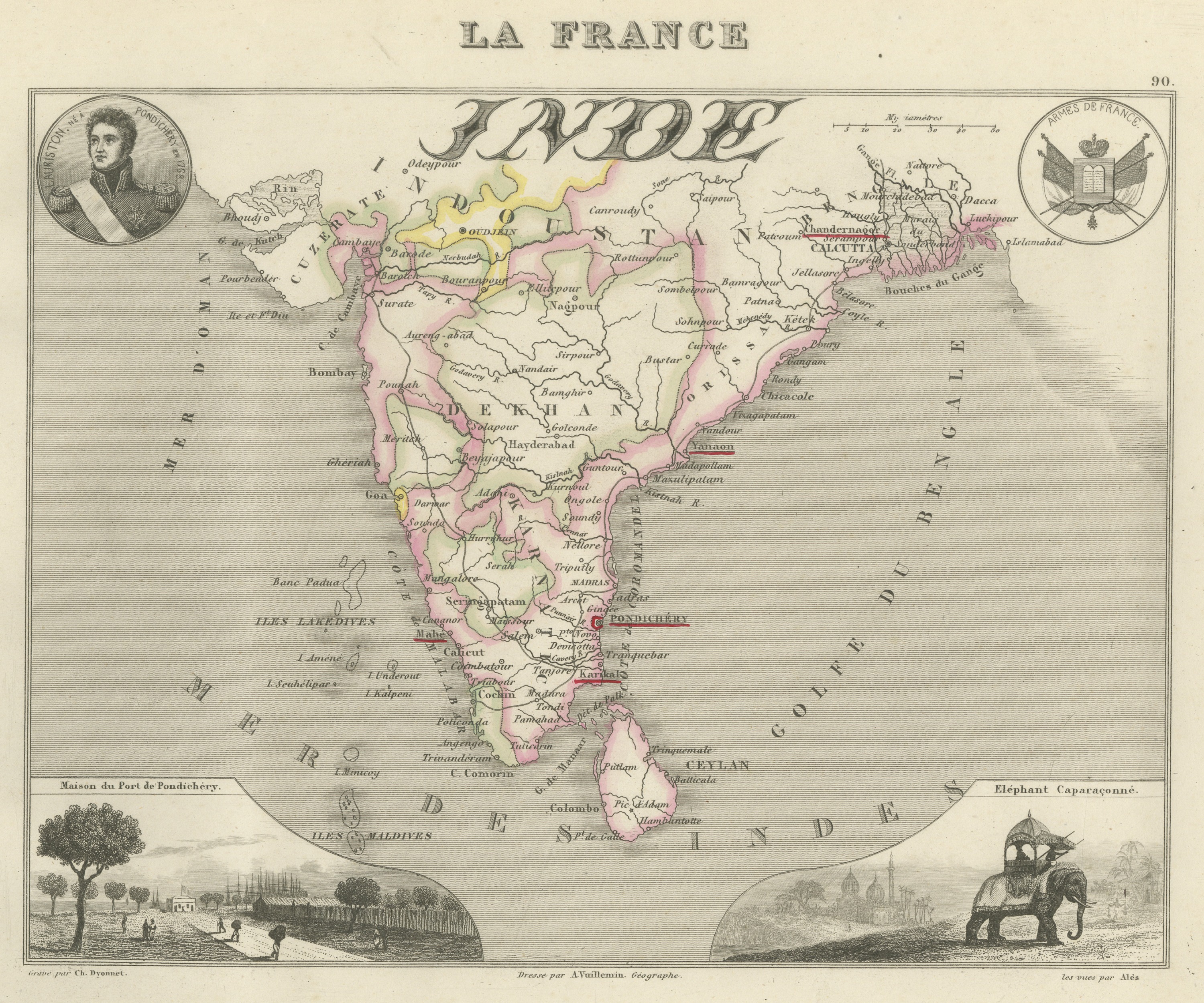 Antique Map of French India, Pondichery and Chandernagor, circa 1860