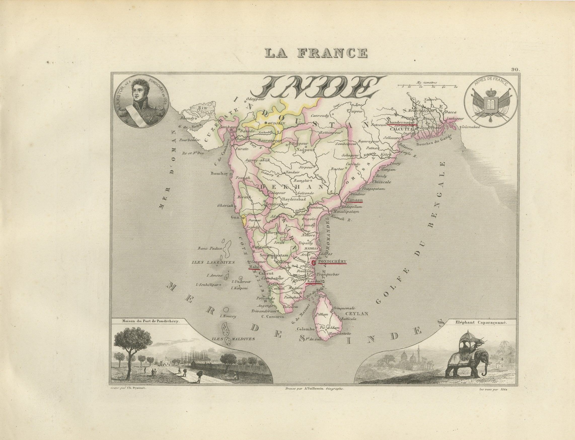 Antique Map of French India, Pondichery and Chandernagor, circa 1860