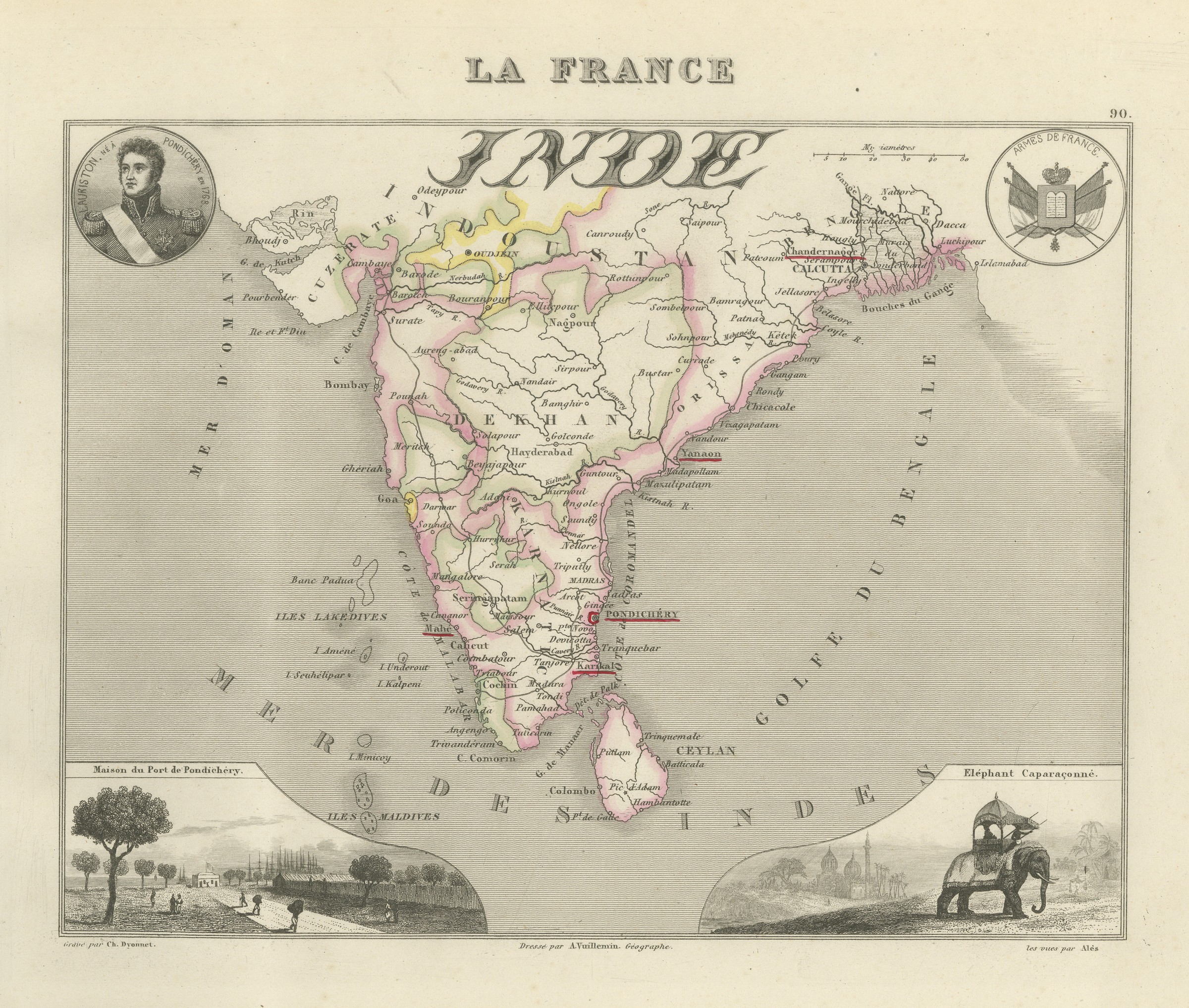 Antique Map of French India, Pondichery and Chandernagor, circa 1860