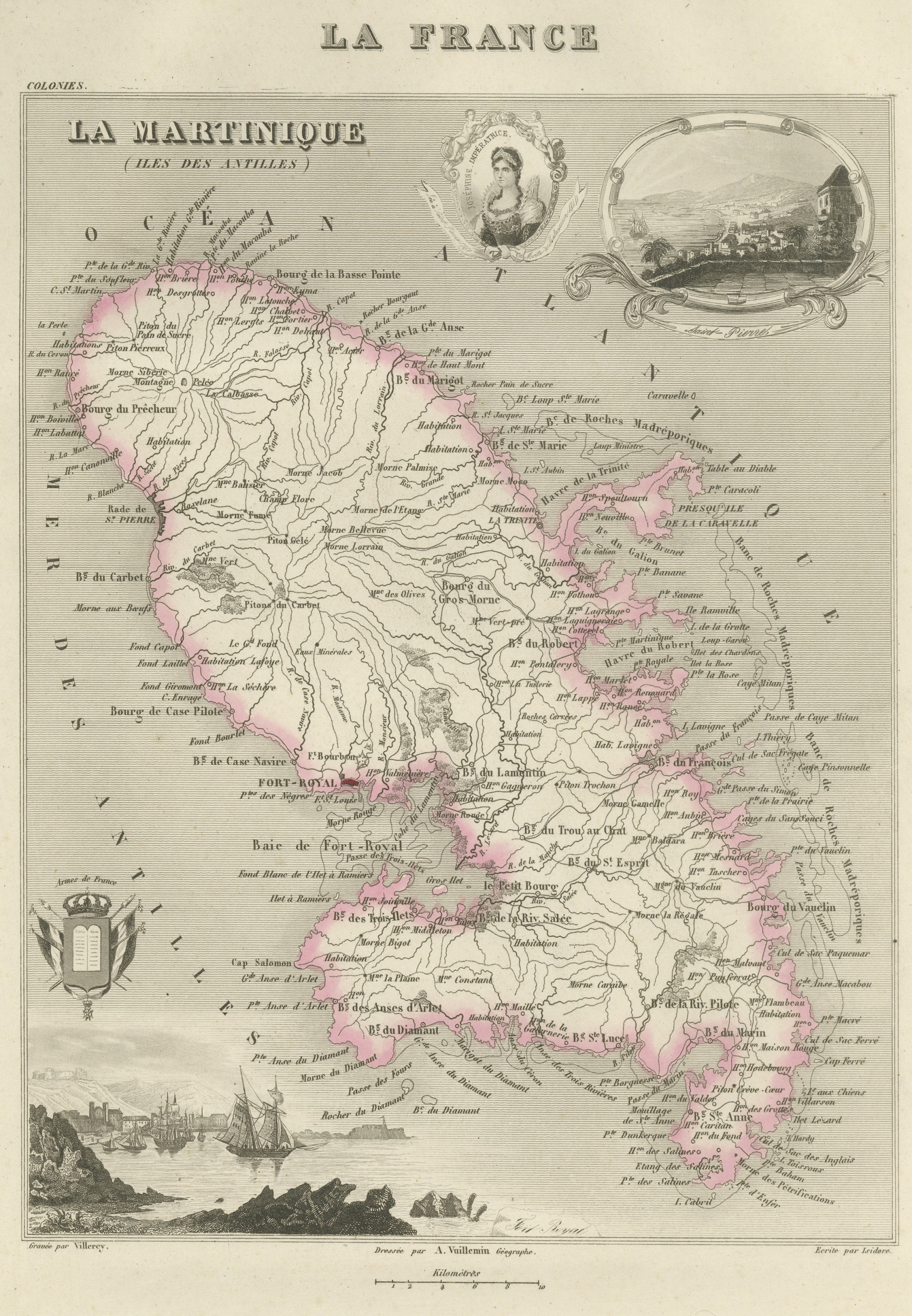 Antique Map of Martinique, Fort-Royal and the Caravelle, circa 1860
