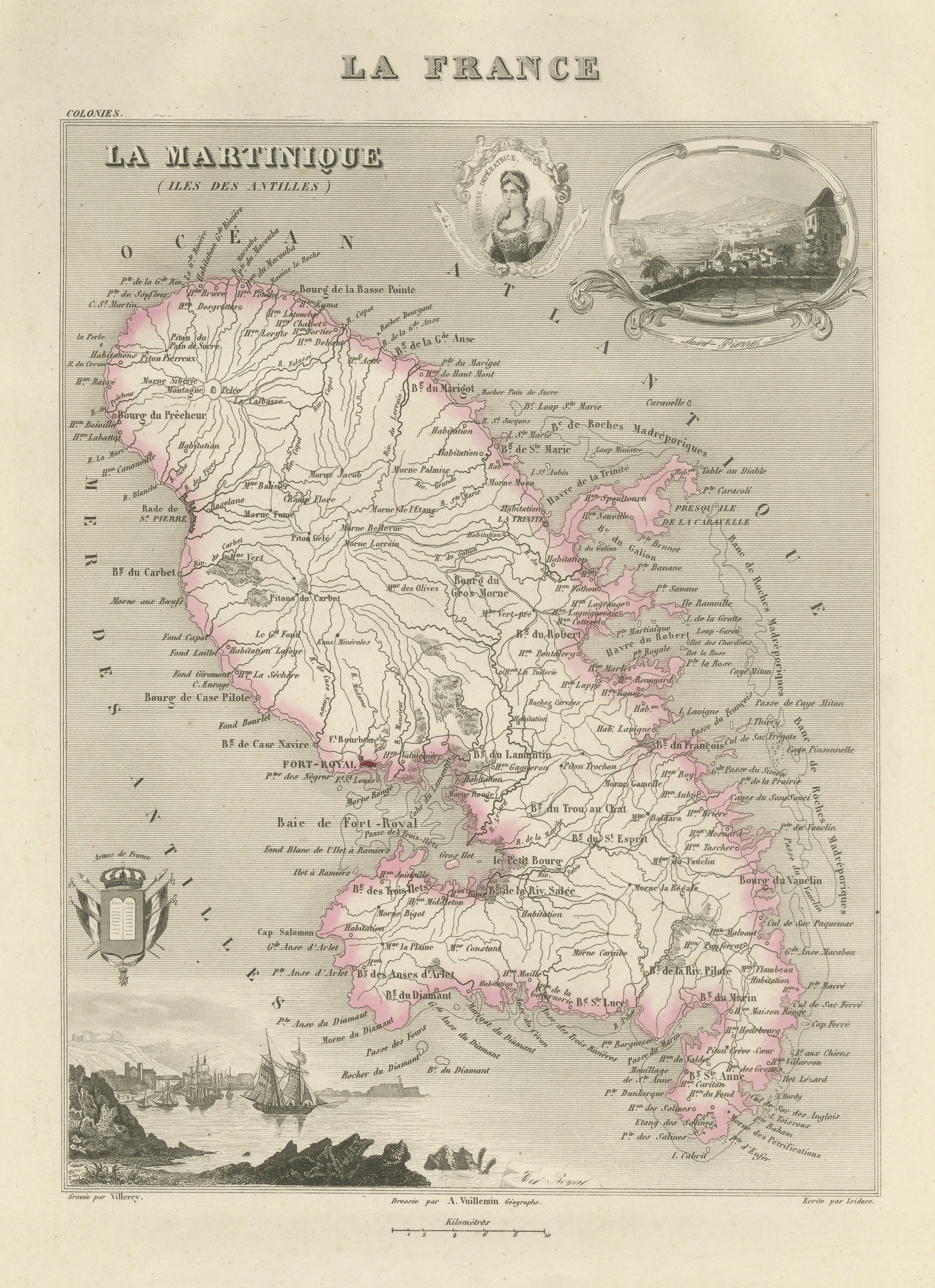 Antique Map of Martinique, Fort-Royal and the Caravelle, circa 1860