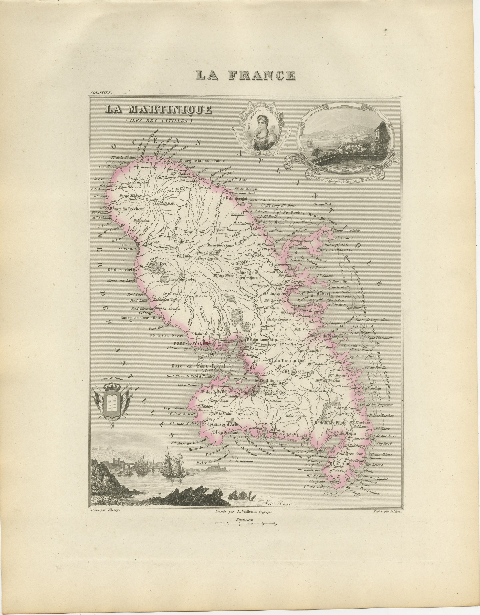 Antique Map of Martinique, Fort-Royal and the Caravelle, circa 1860