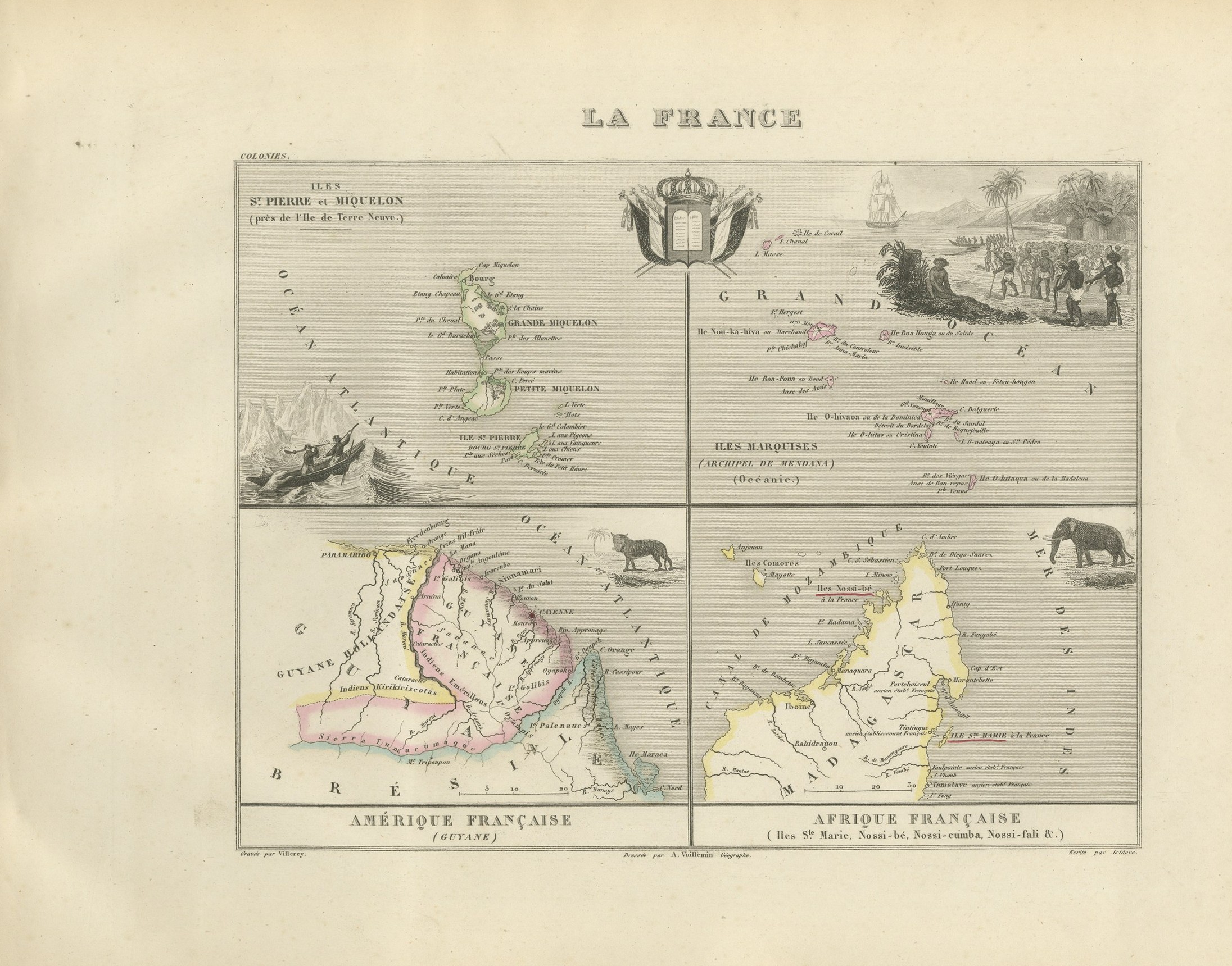 Antique Map of Saint-Pierre, Guiana, the Marquesas and Nosy Be, circa 1860