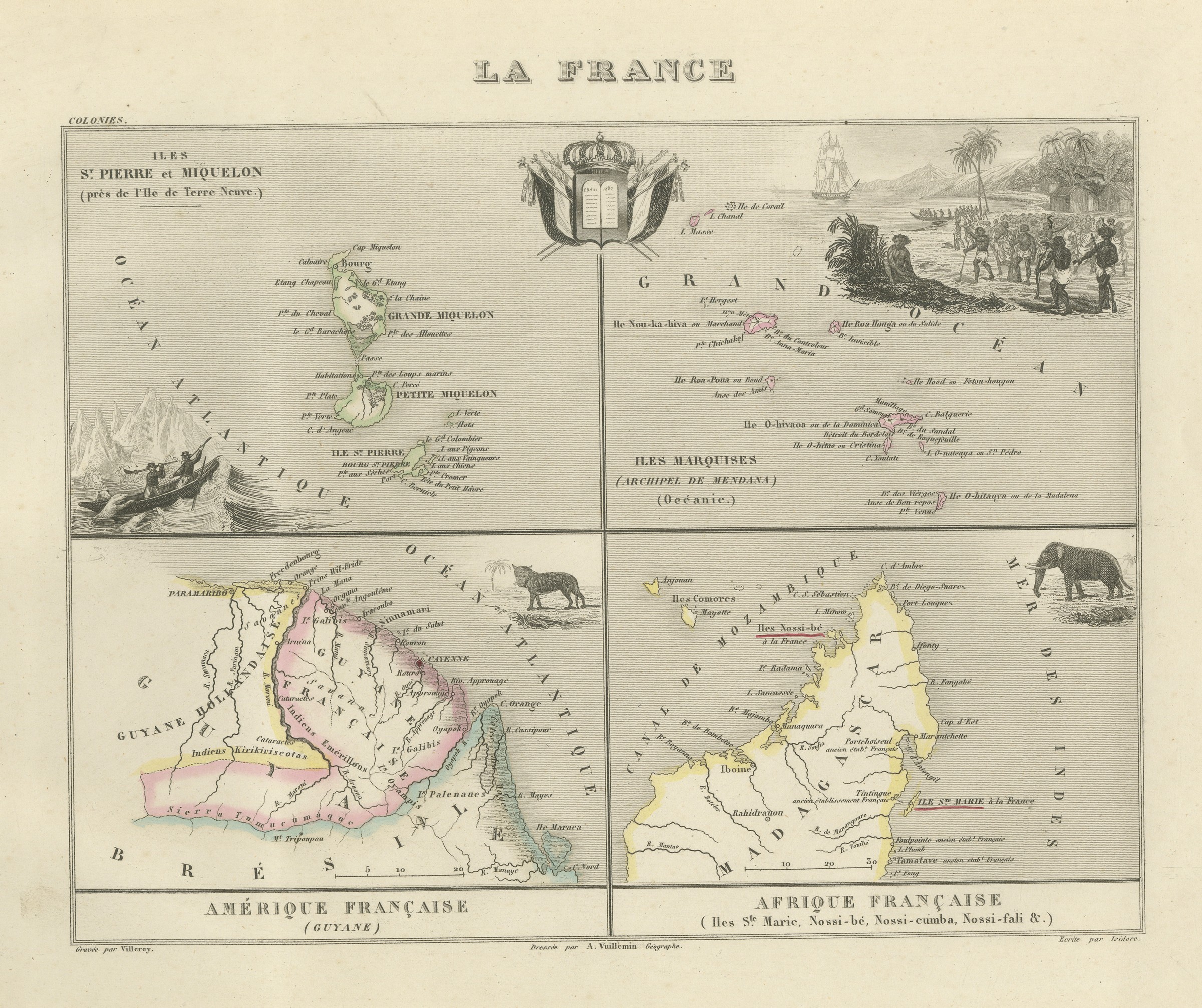 Antique Map of Saint-Pierre, Guiana, the Marquesas and Nosy Be, circa 1860