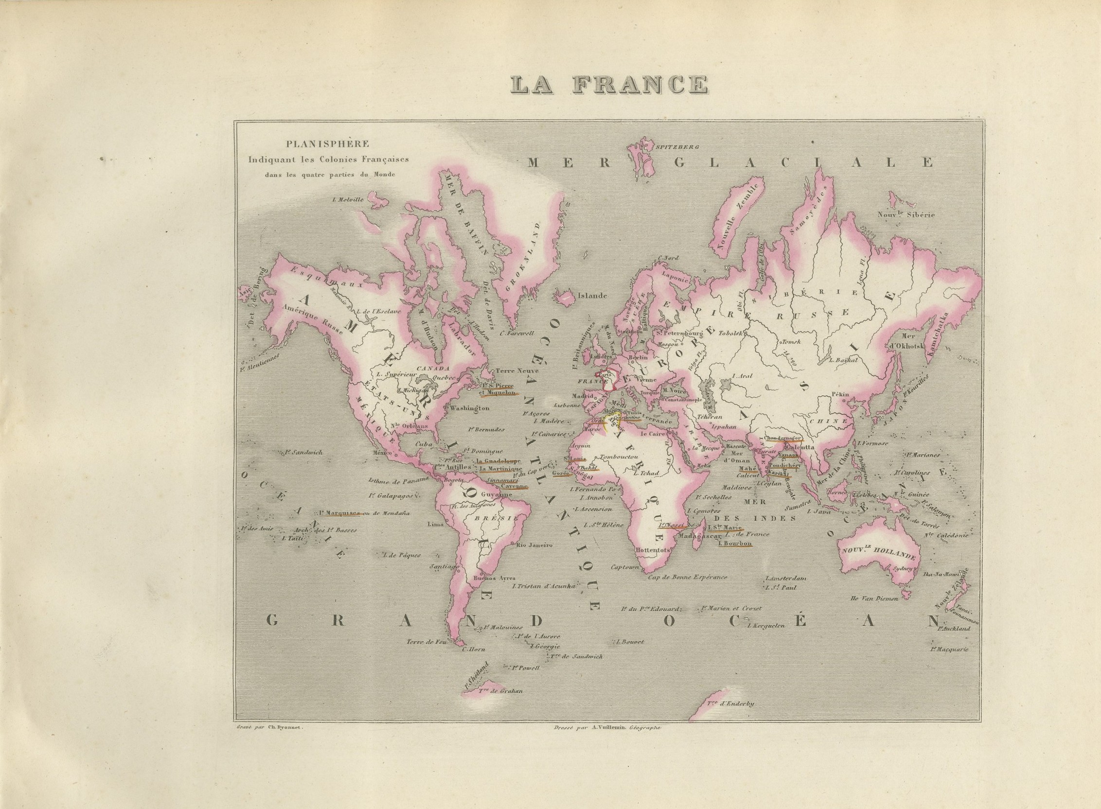 Antique World Map of the French Colonies in Four Continents, circa 1860