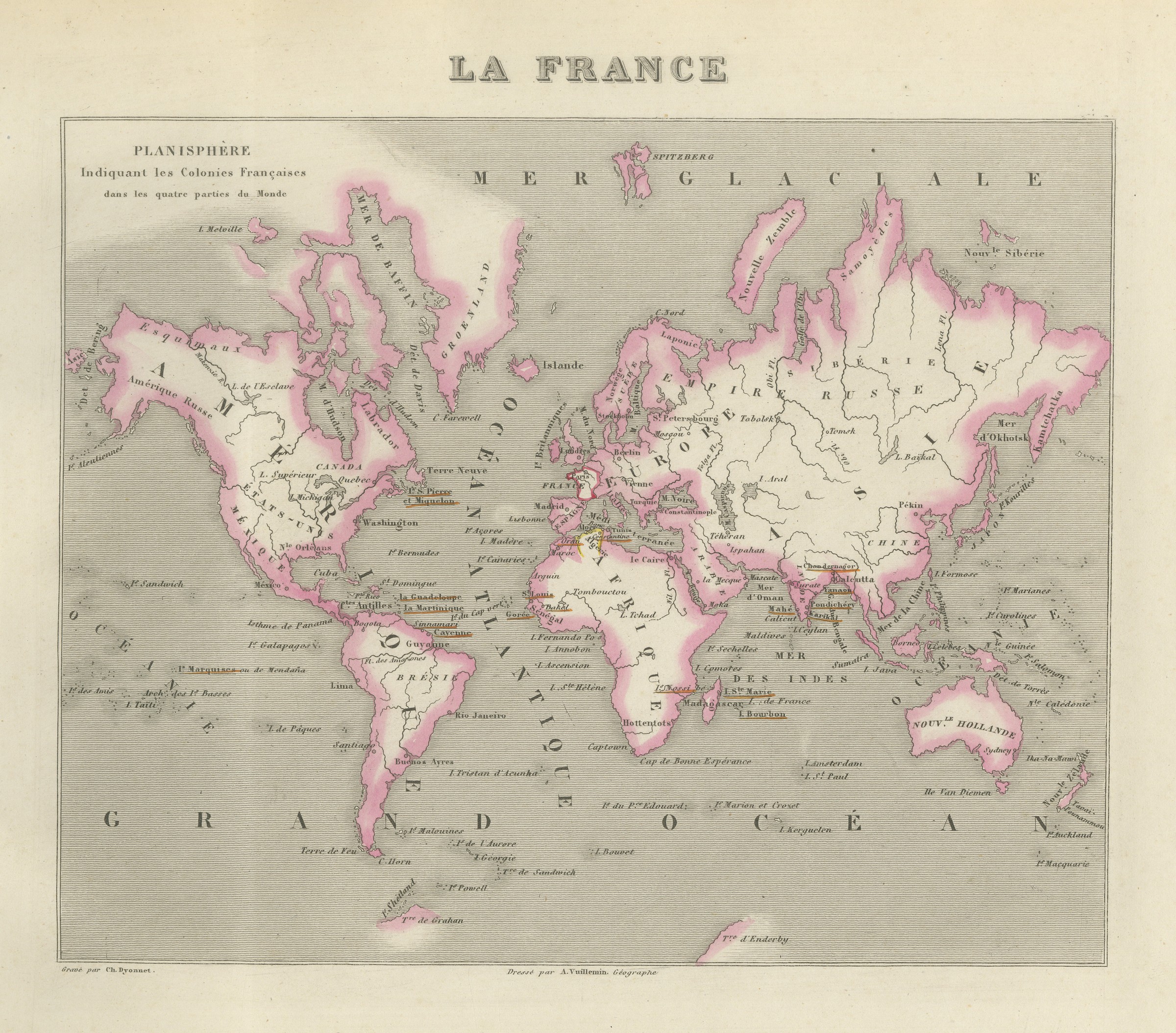 Antique World Map of the French Colonies in Four Continents, circa 1860