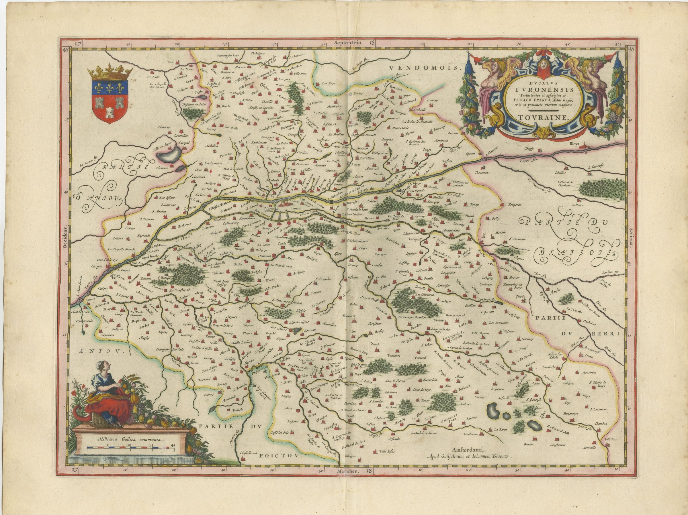 Antique Blaeu Map of Touraine, Tours and the Loire Valley, 1642