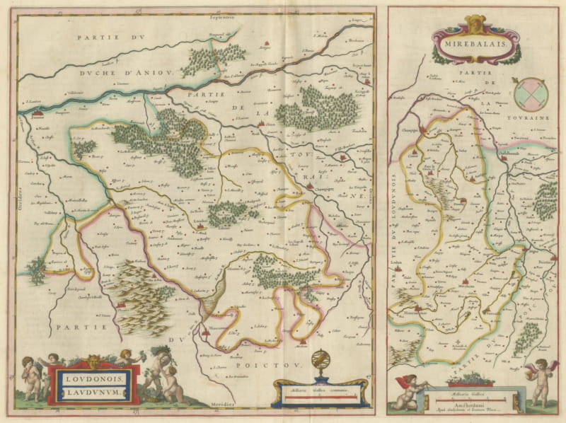 Antique Blaeu Map of the Loudunois, Anjou and the Mirebalais, 1642