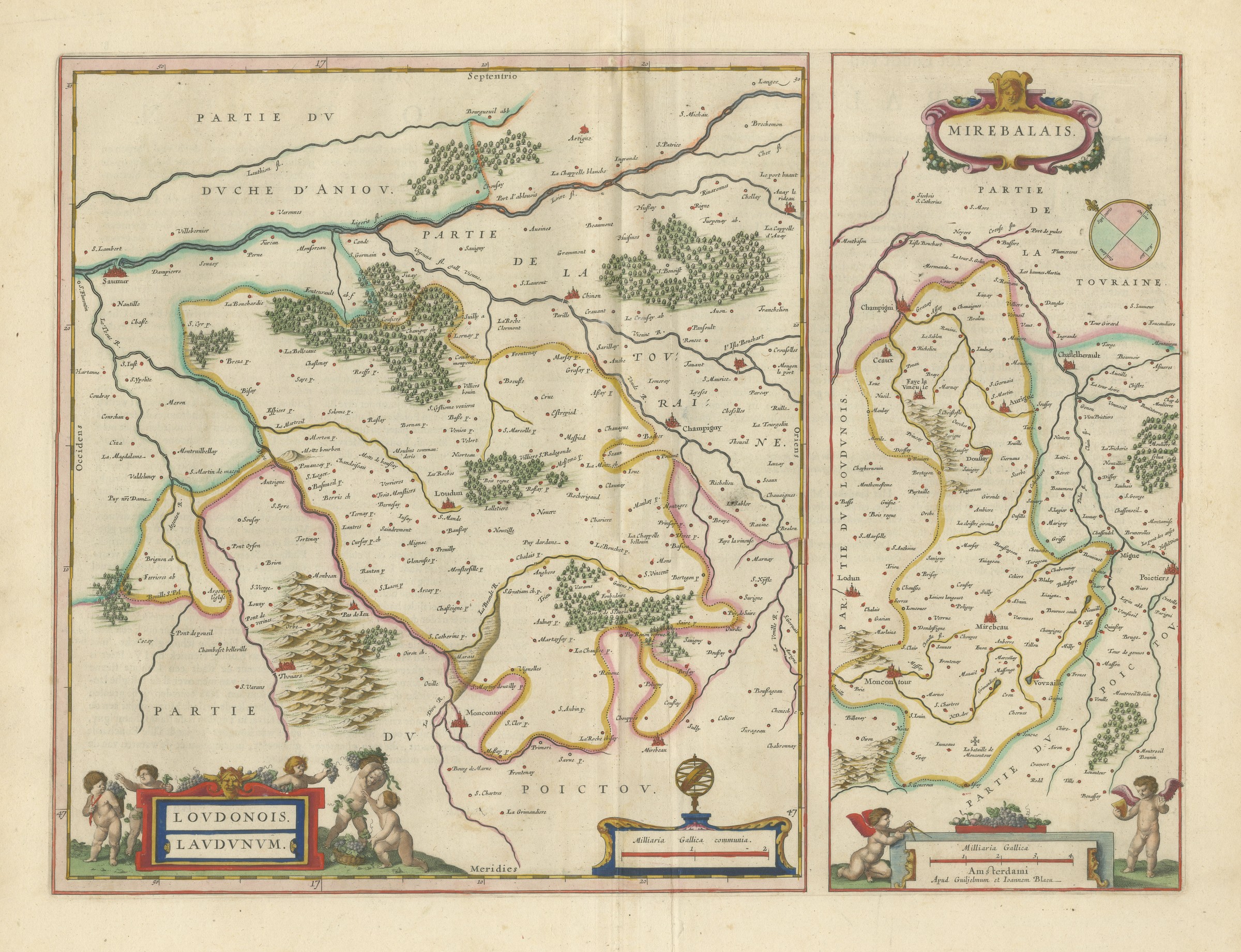 Antique Blaeu Map of the Loudunois, Anjou and the Mirebalais, 1642