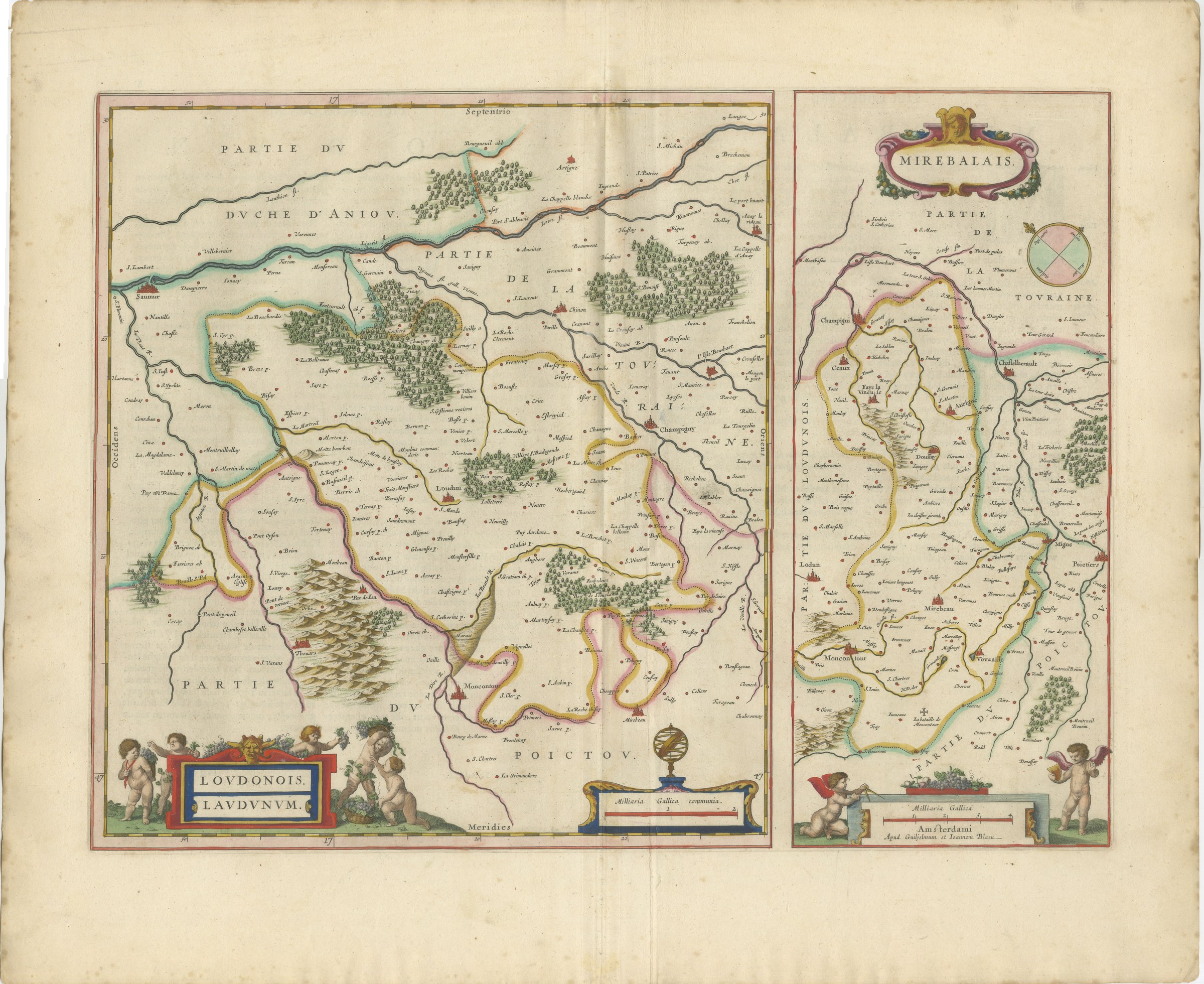 Antique Blaeu Map of the Loudunois, Anjou and the Mirebalais, 1642