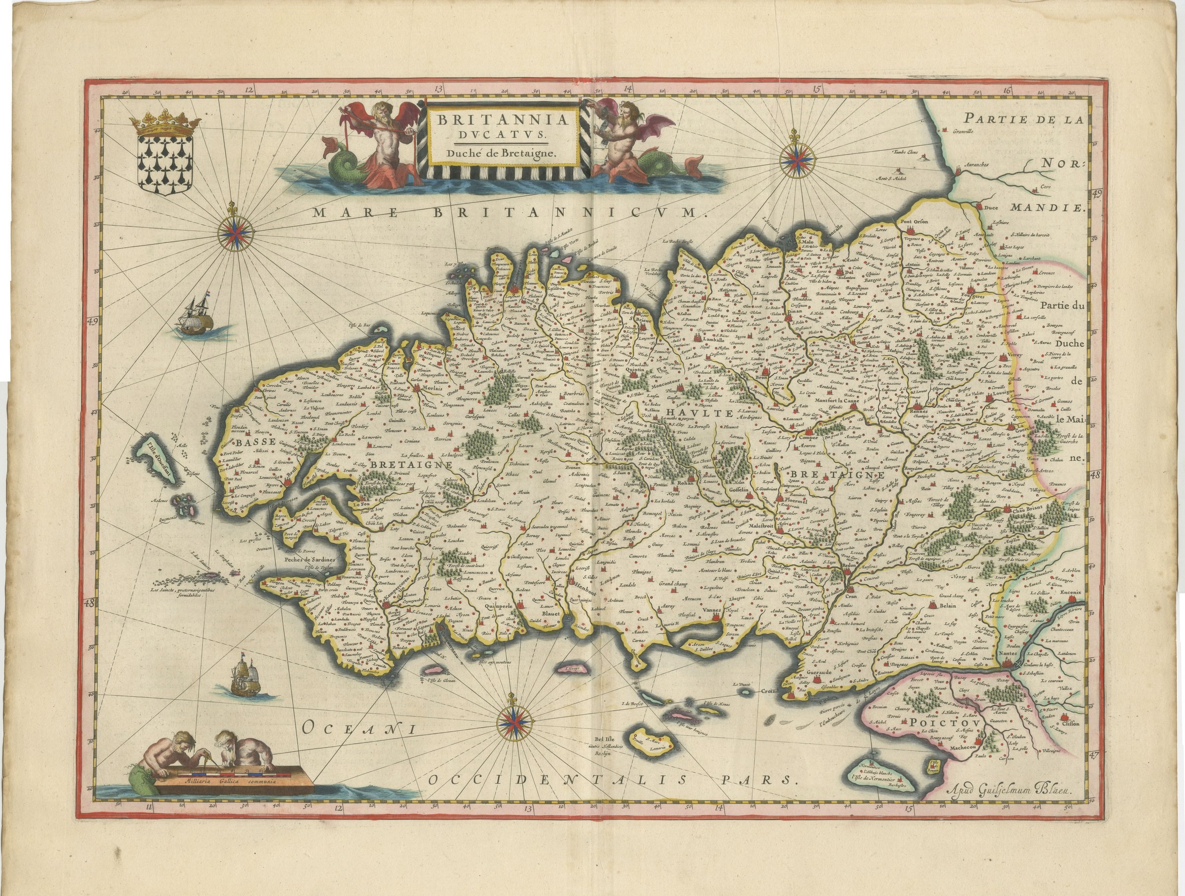 Antique Blaeu Map of Brittany, Haute and Basse Bretagne, 1642