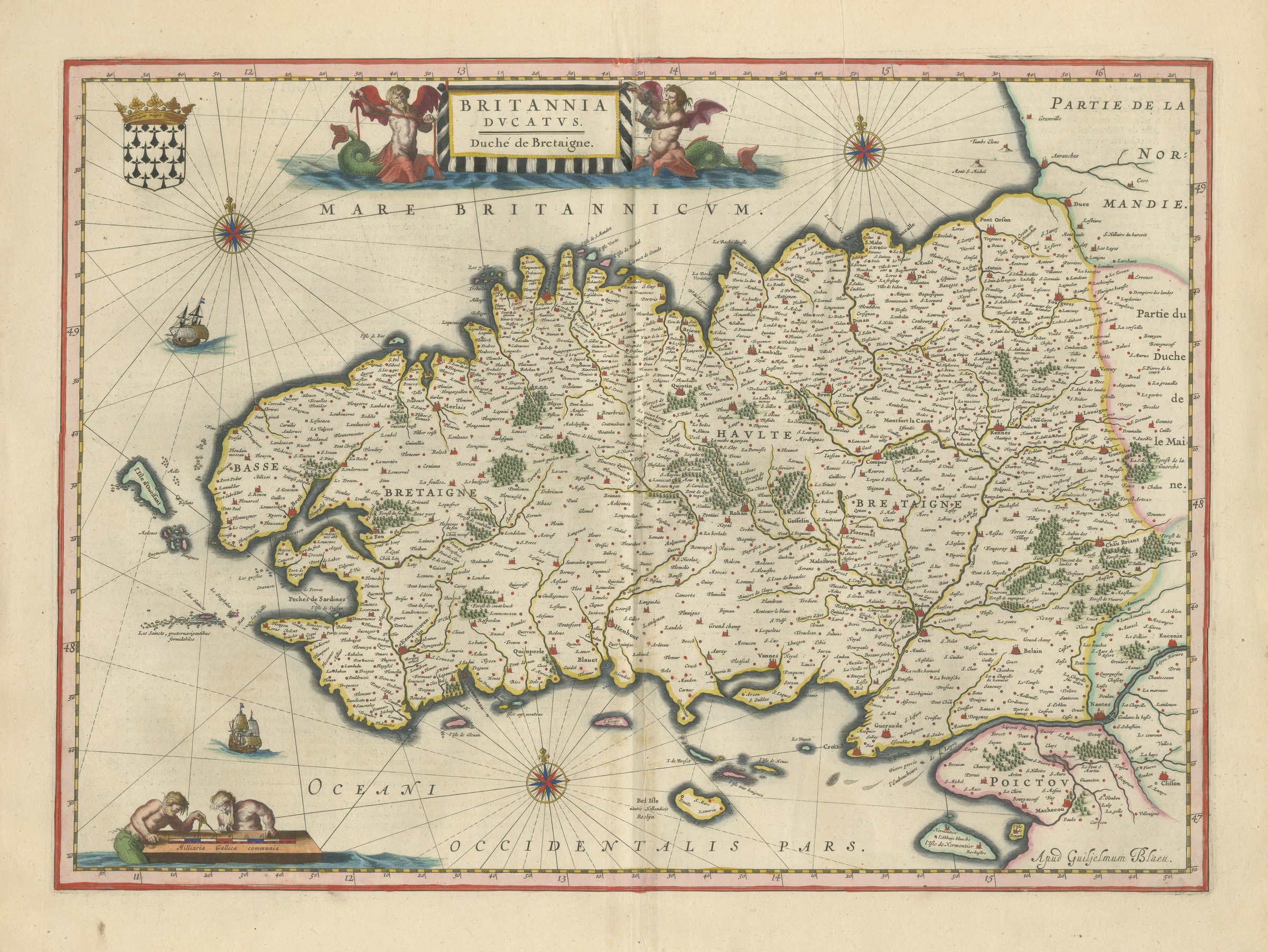 Antique Blaeu Map of Brittany, Haute and Basse Bretagne, 1642