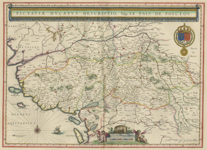 Antique Blaeu Map of Poitou, Oleron and Noirmoutier, 1642