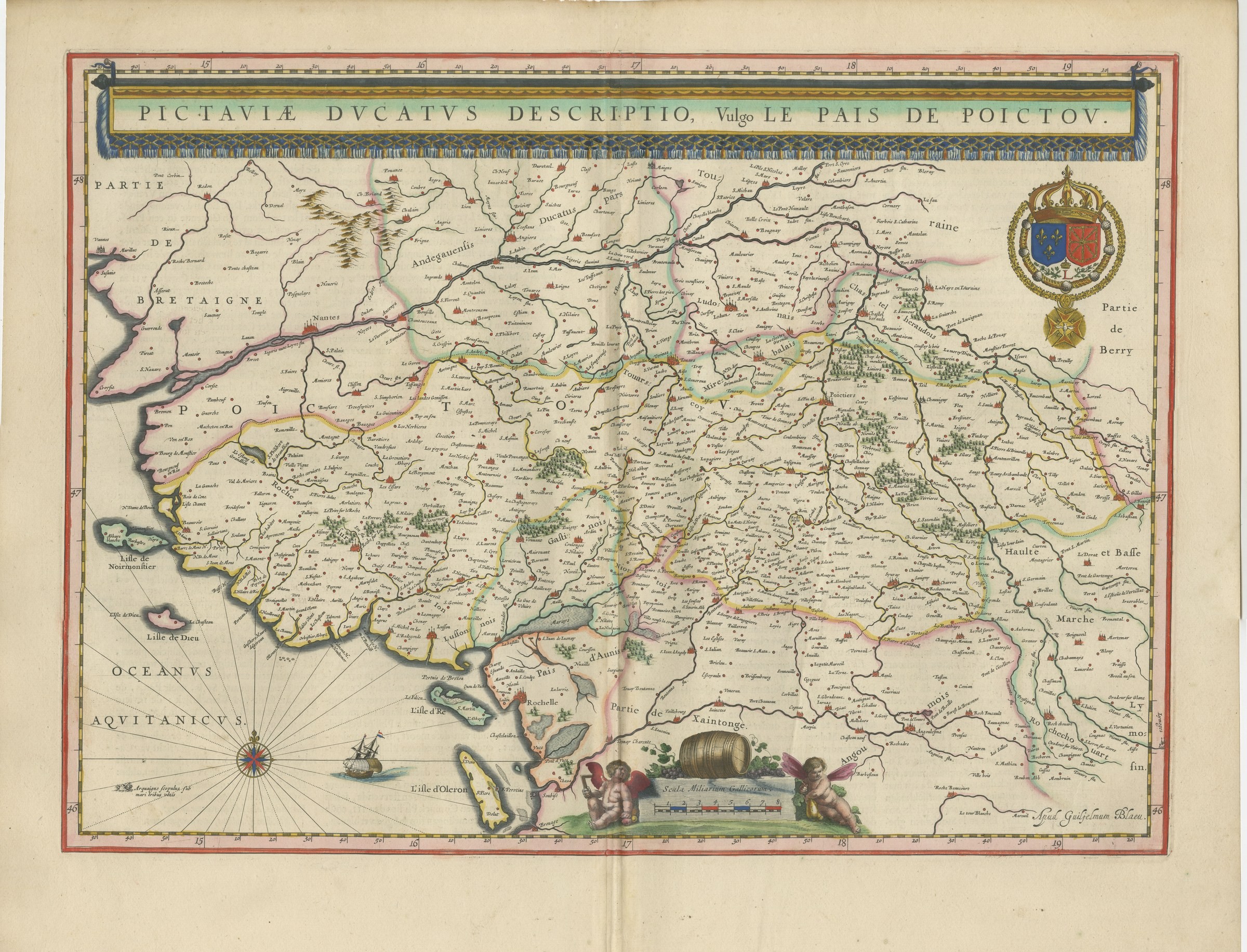 Antique Blaeu Map of Poitou, Oleron and Noirmoutier, 1642