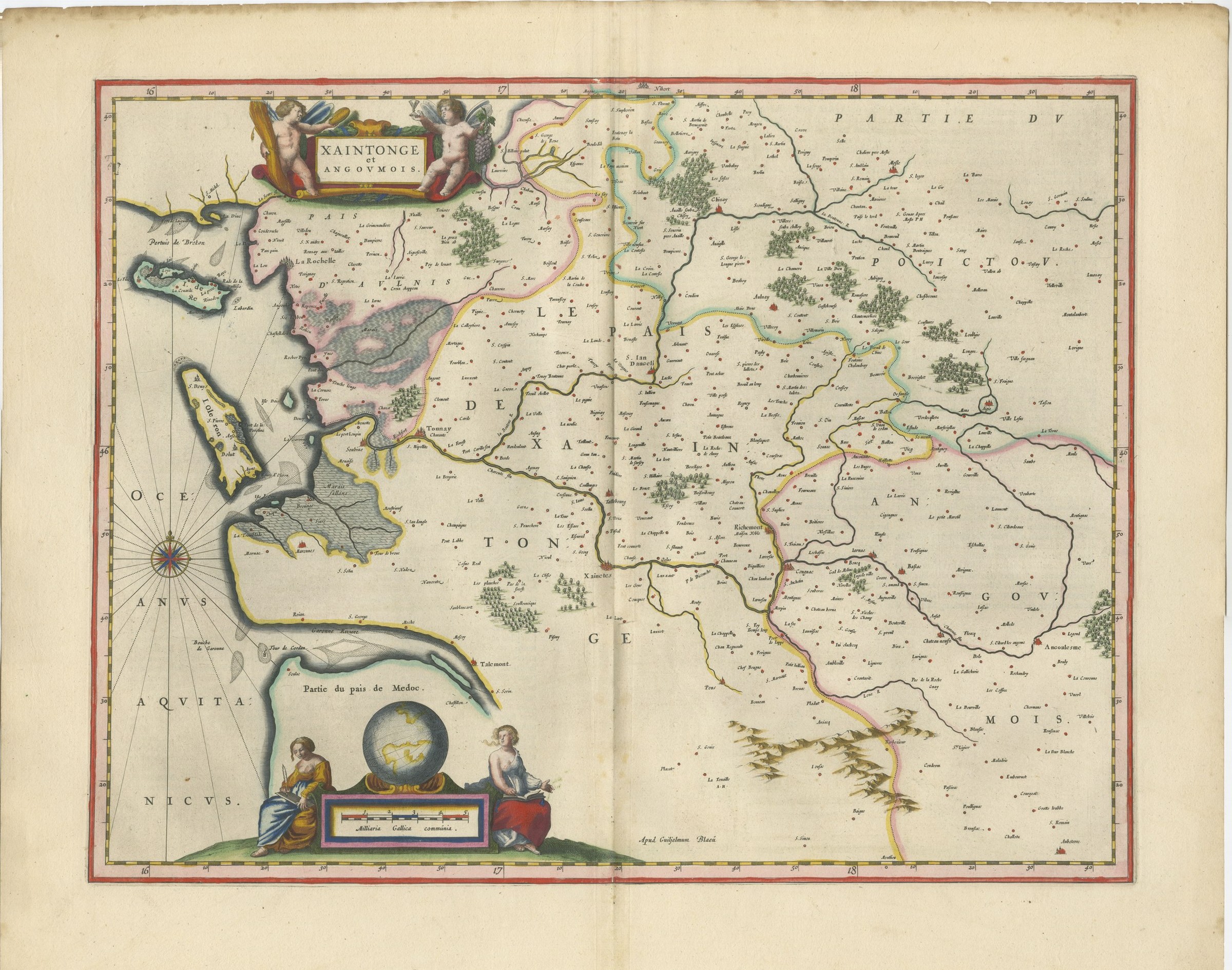 Antique Blaeu Map of Saintonge, Angoumois and La Rochelle, 1642