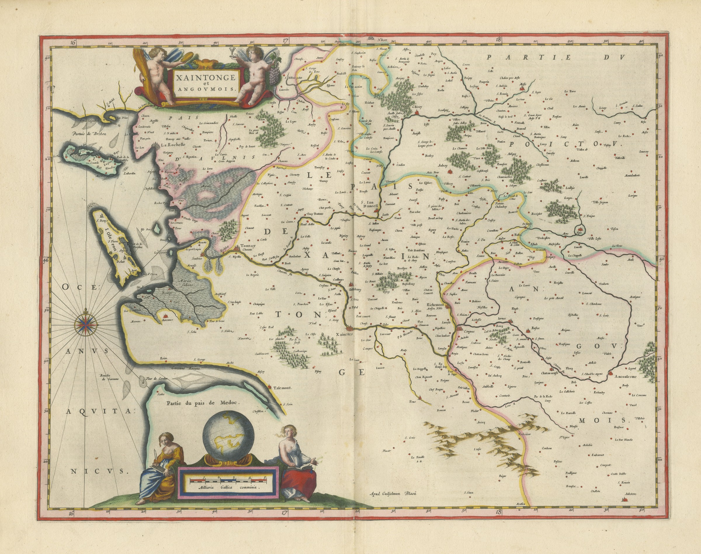 Antique Blaeu Map of Saintonge, Angoumois and La Rochelle, 1642
