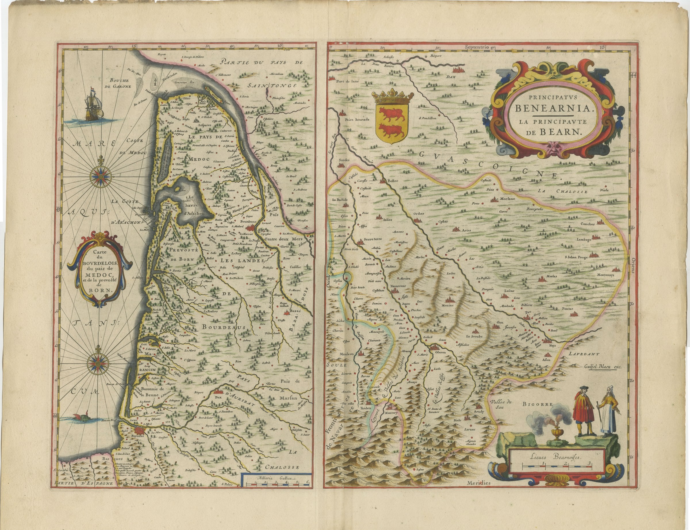 Antique Blaeu Map of the Bordelais, Medoc and the Landes, 1642