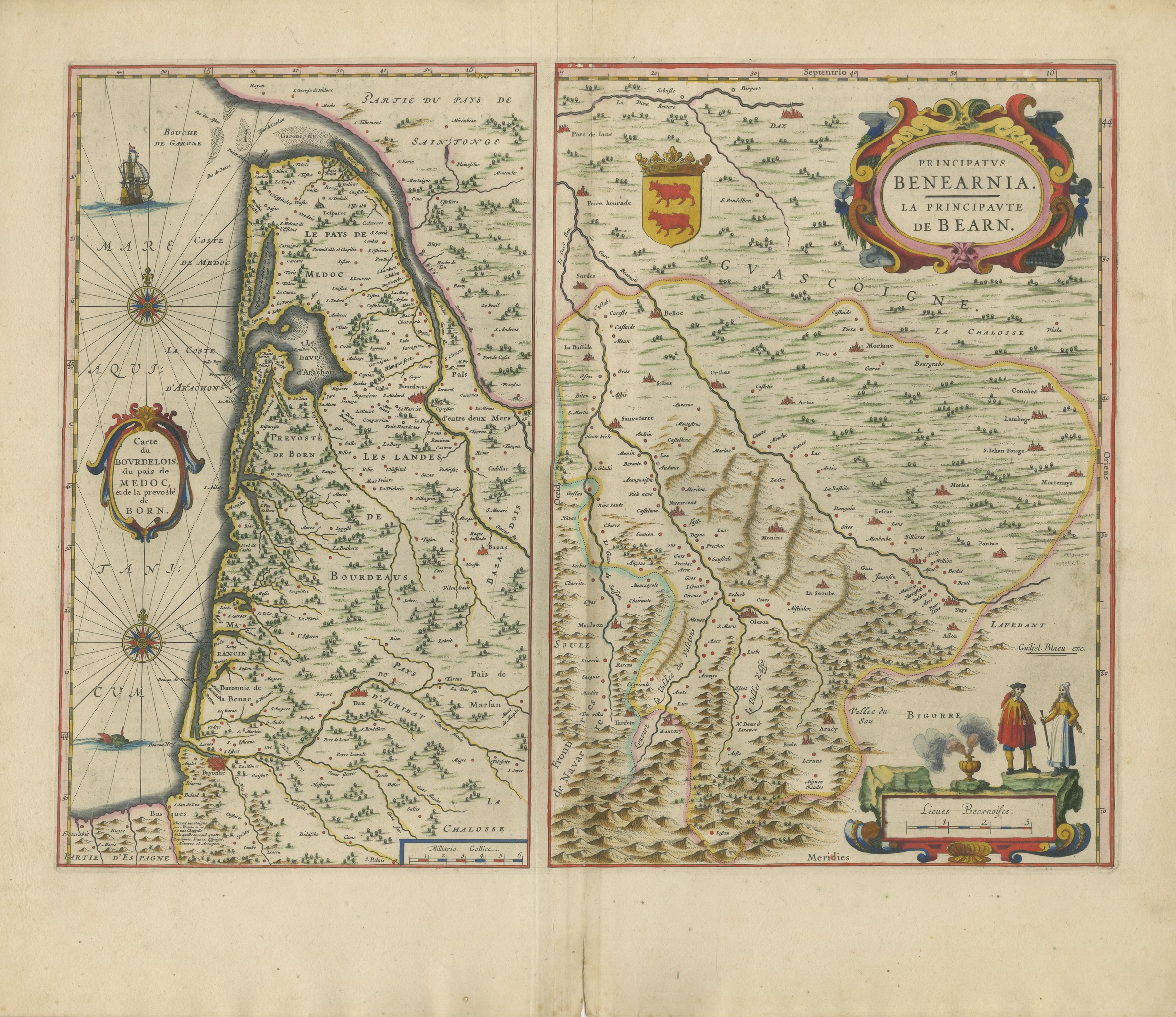 Antique Blaeu Map of the Bordelais, Medoc and the Landes, 1642