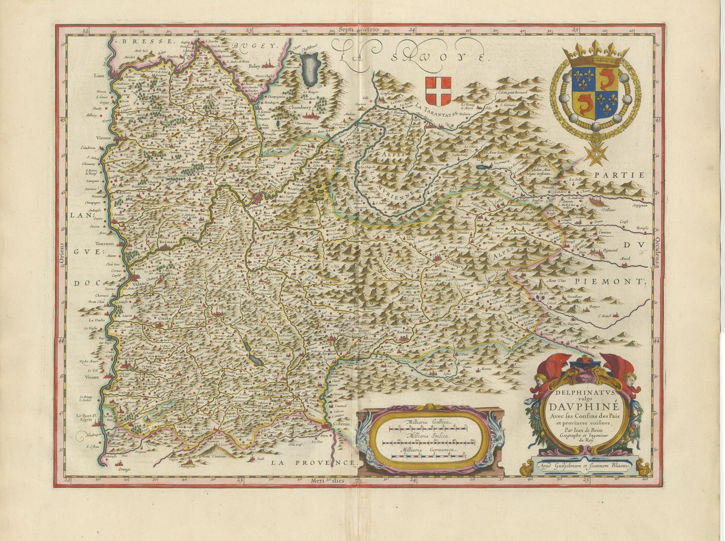 Antique Blaeu Map of the Dauphine, Valence and the Alps, 1642