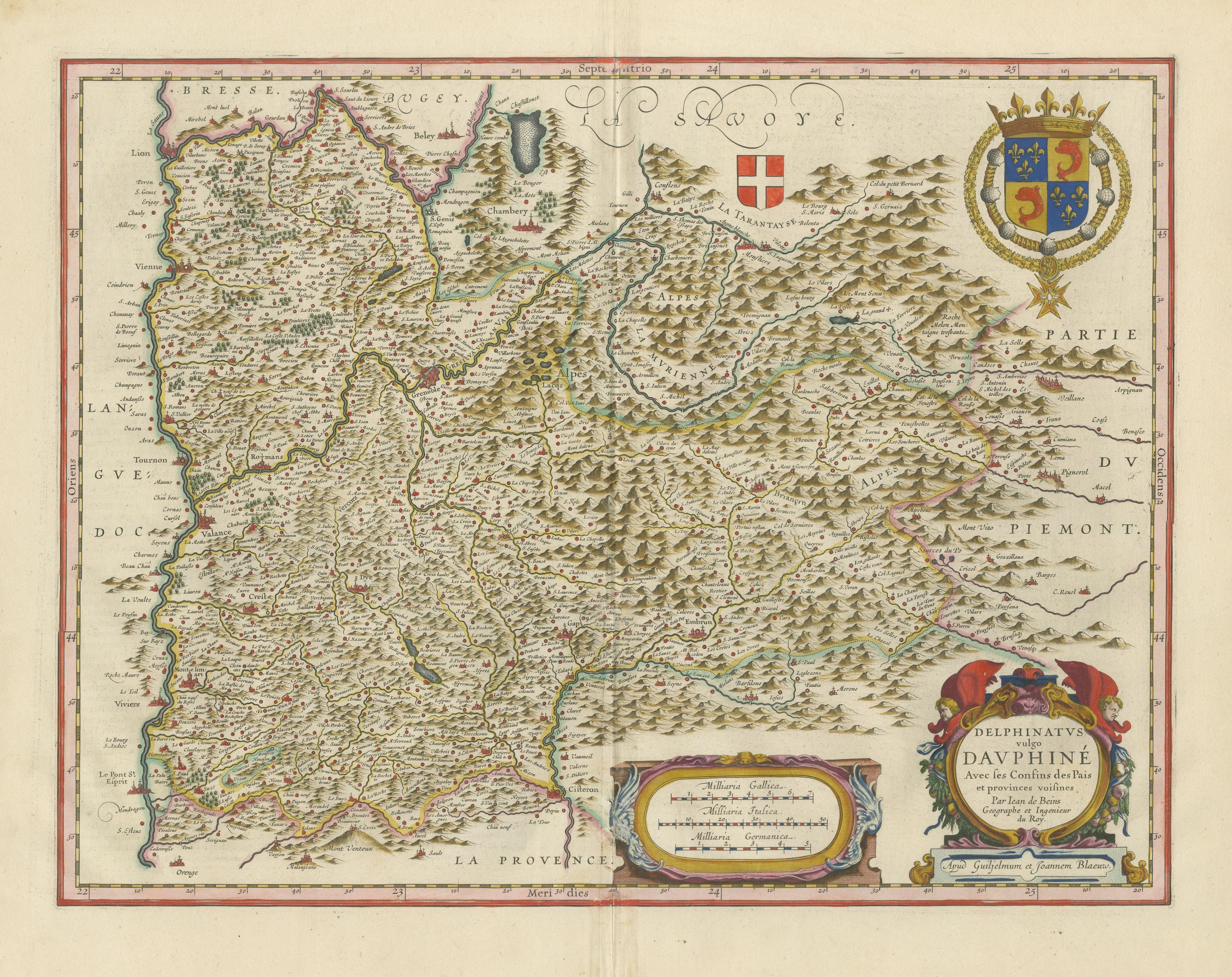 Antique Blaeu Map of the Dauphine, Valence and the Alps, 1642