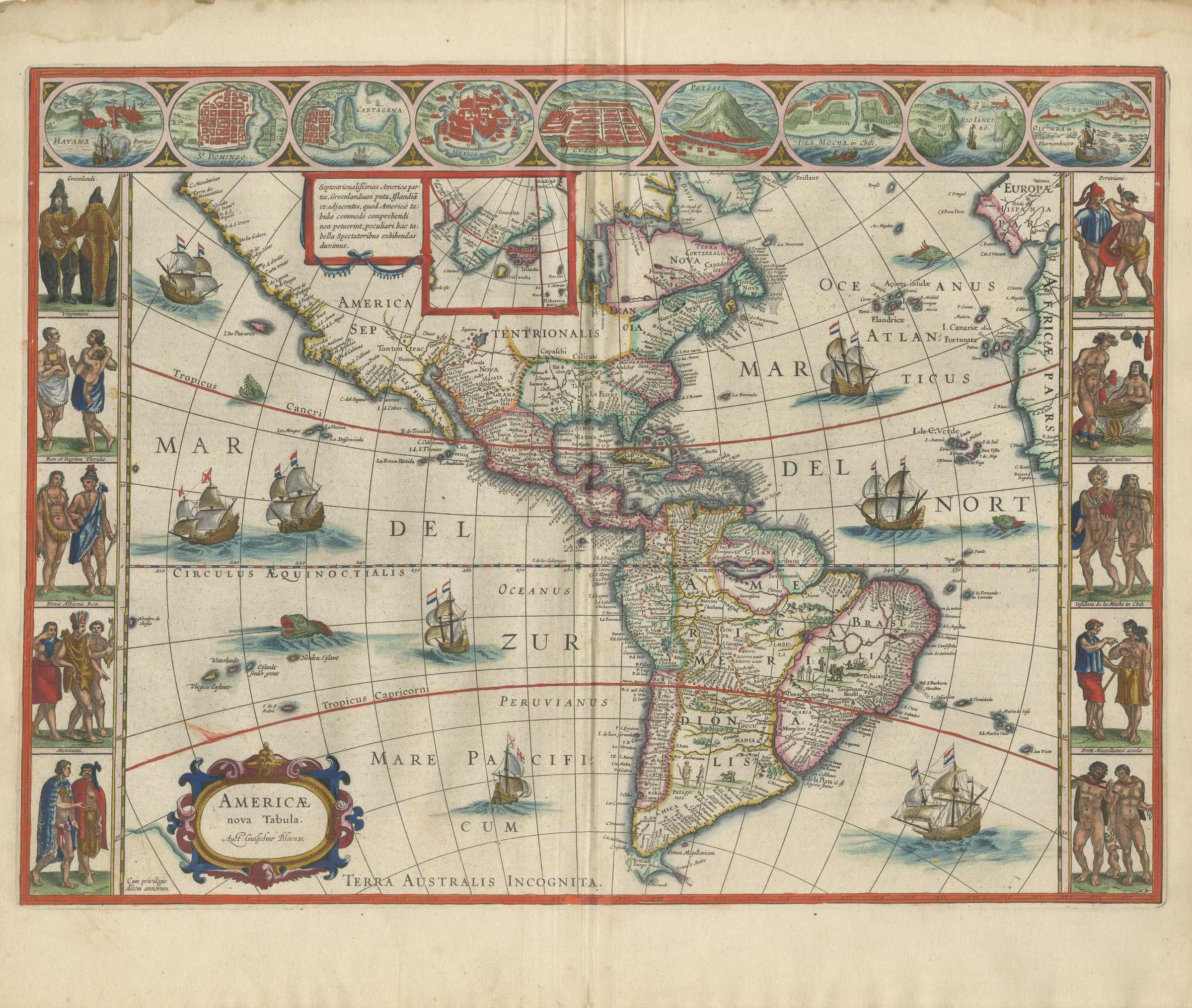 Antique Blaeu Map of America, Terra Australis Incognita, 1642