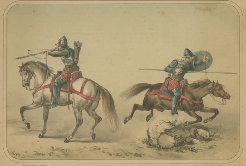 Spanish Cavalry Lithograph by José Rubio y Villegas: Medieval Cavalry, 1861